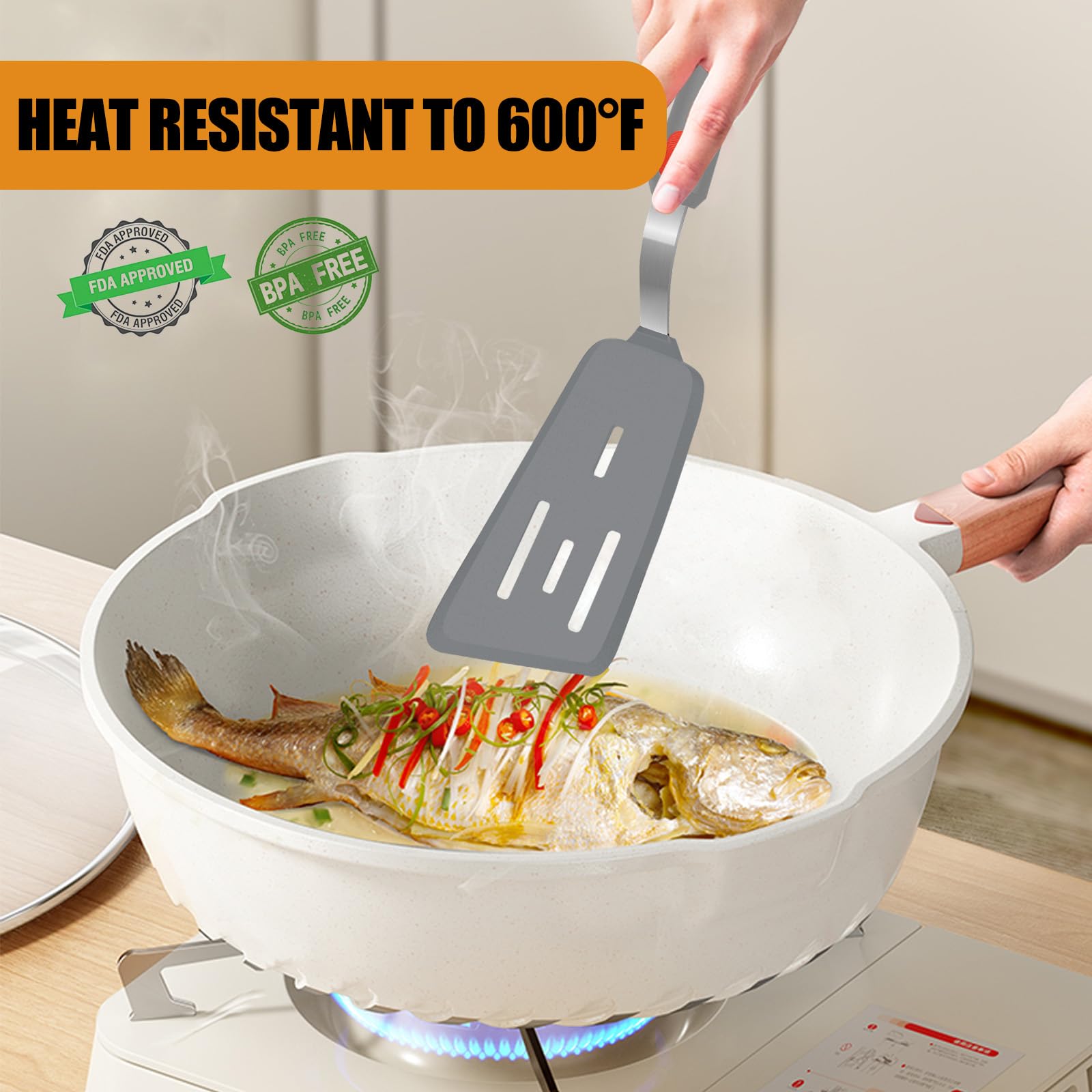 Beijiyi Silikon-Spatel, Pfannenwender, 3 Stück, 315 °C, hitzebeständig, antihaftbeschichtet, Pfannenwender für die Küche, groß, flexibel, Silikon, Kochutensilien, Gummi-Spatel-Set für Ei, Pfannkuchen,