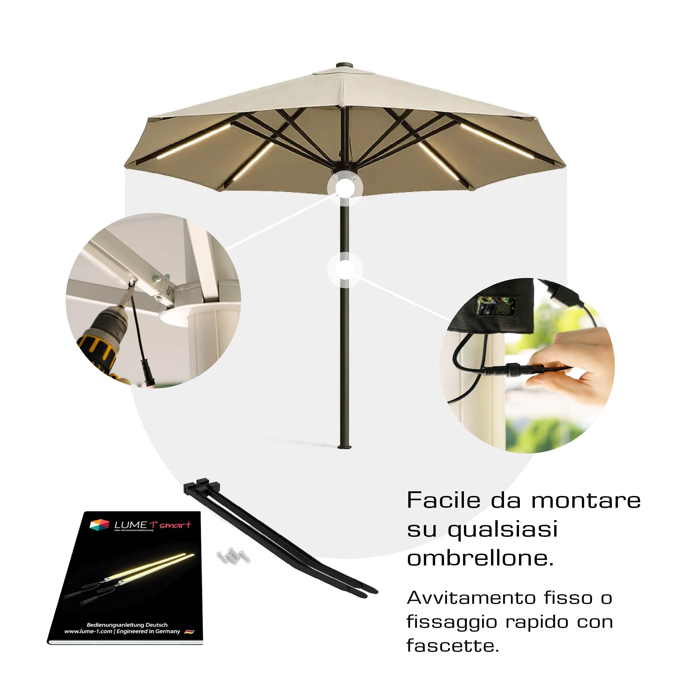 Lume1 - Illuminazione per ombrellone con telecomando, 2 strisce LED, luce bianca calda da 1000 lumen, 2700 Kelvin, illuminazione piacevole, batteria inclusa (Smart Set da 2 pezzi, modello 2026)