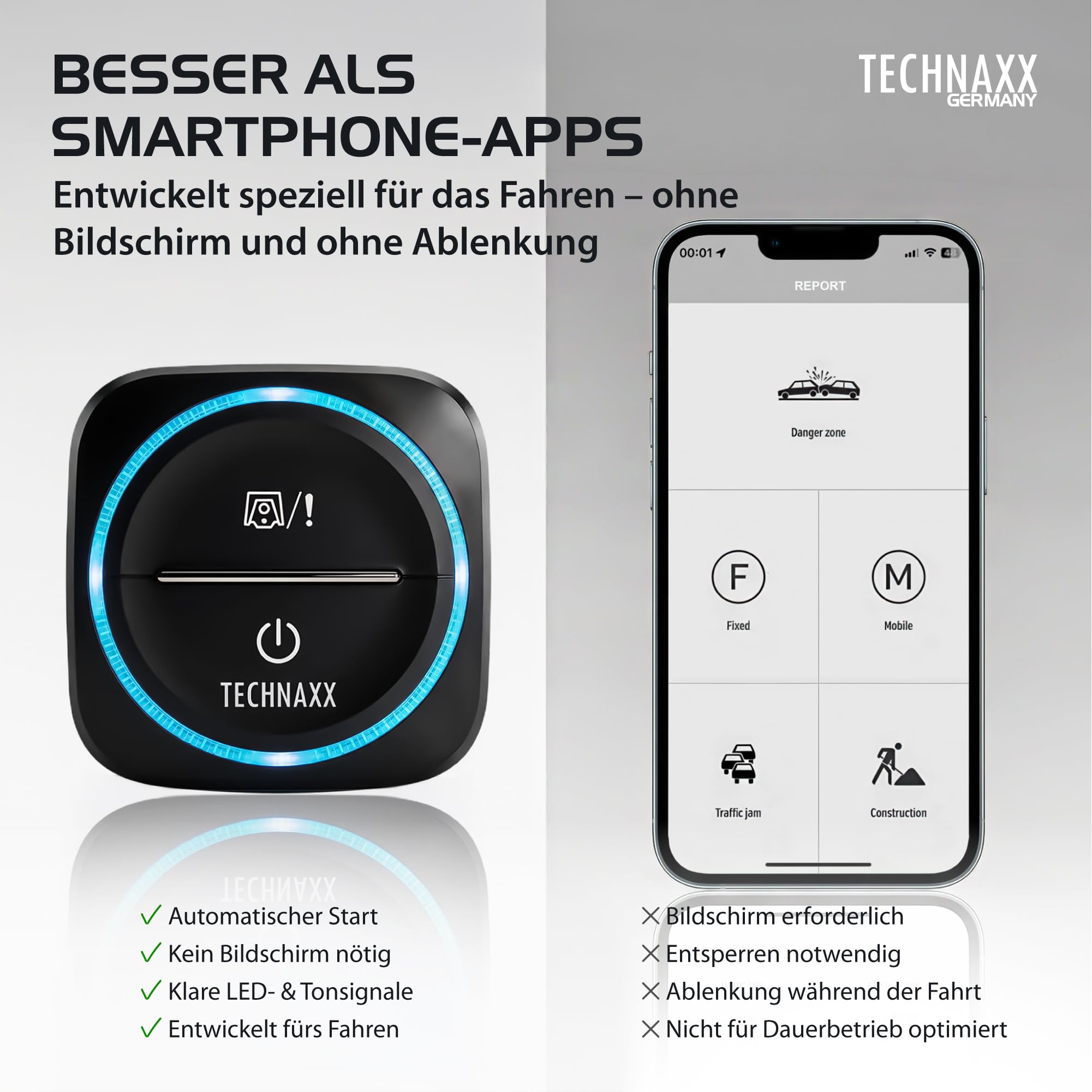 Technaxx Verkehrswarner mit Blitzer.de – Straßenverkehrswarner mit Gefahren- & Geschwindigkeitswarnung, LED-Benachrichtigung, Auto-Aktivierung, kompatibel mit Apple CarPlay & Android Auto - TX-387