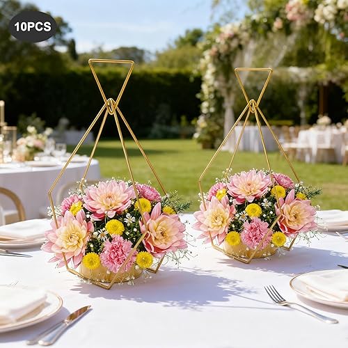 Miniatura 5 de 10 Pcs Portable Hanging Gold Vases for Centerpieces Wedding Metal Flower Stand Geometric Flower Girl Baskets for Wedding Centerpiece Tables Party