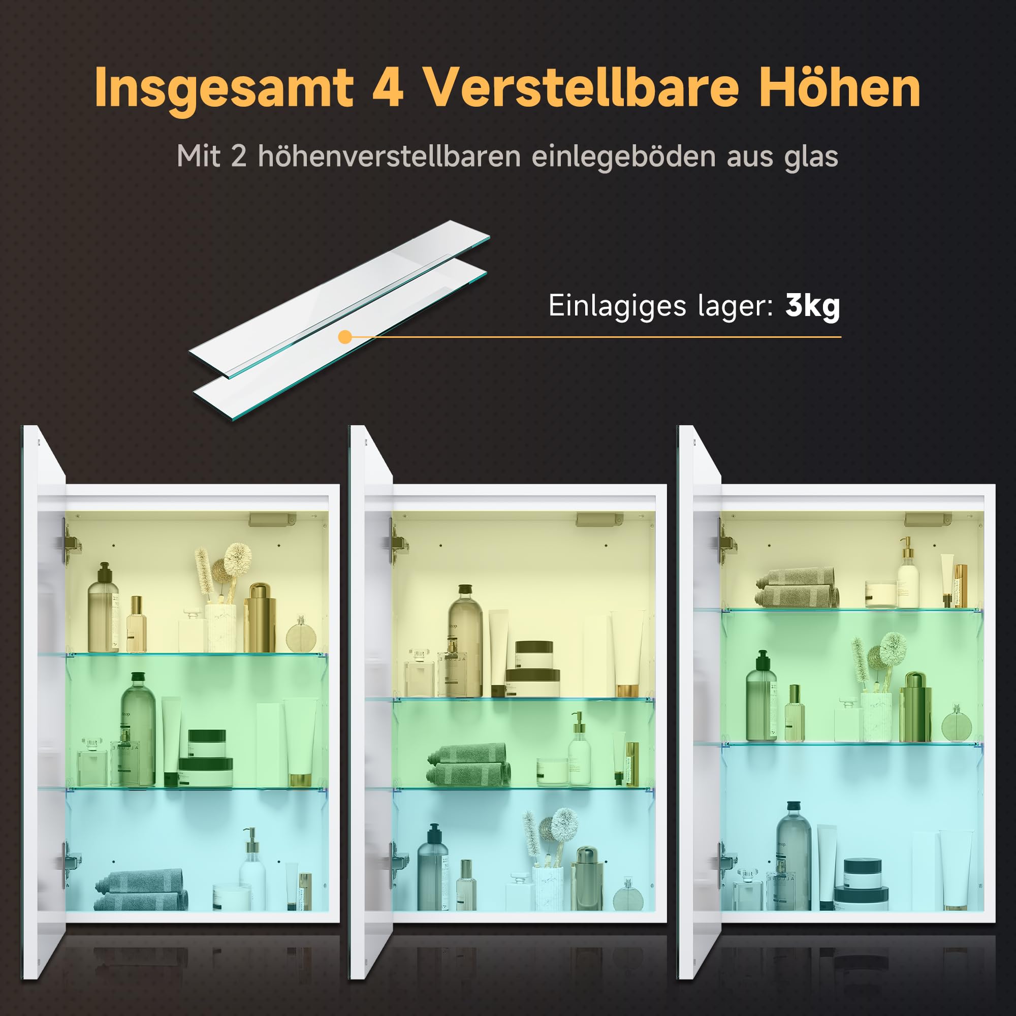 SONNI Szafka łazienkowa z lustrem LED, 60 x 38 cm, metalowa szafka z lustrem z dotykowym włącznikiem, 3 kolory światła + defogging, bezprzewodowy zawias, biała, łazienka, szafka medyczna