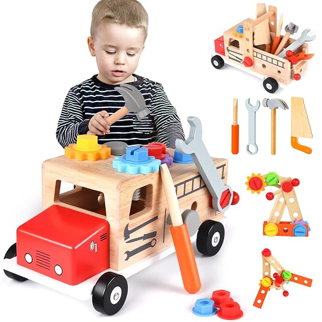 Caja de Herramientas de Madera para Niños 2 3 4 5 Años, Herramientas Juguetes Montessori con 30 Piezas