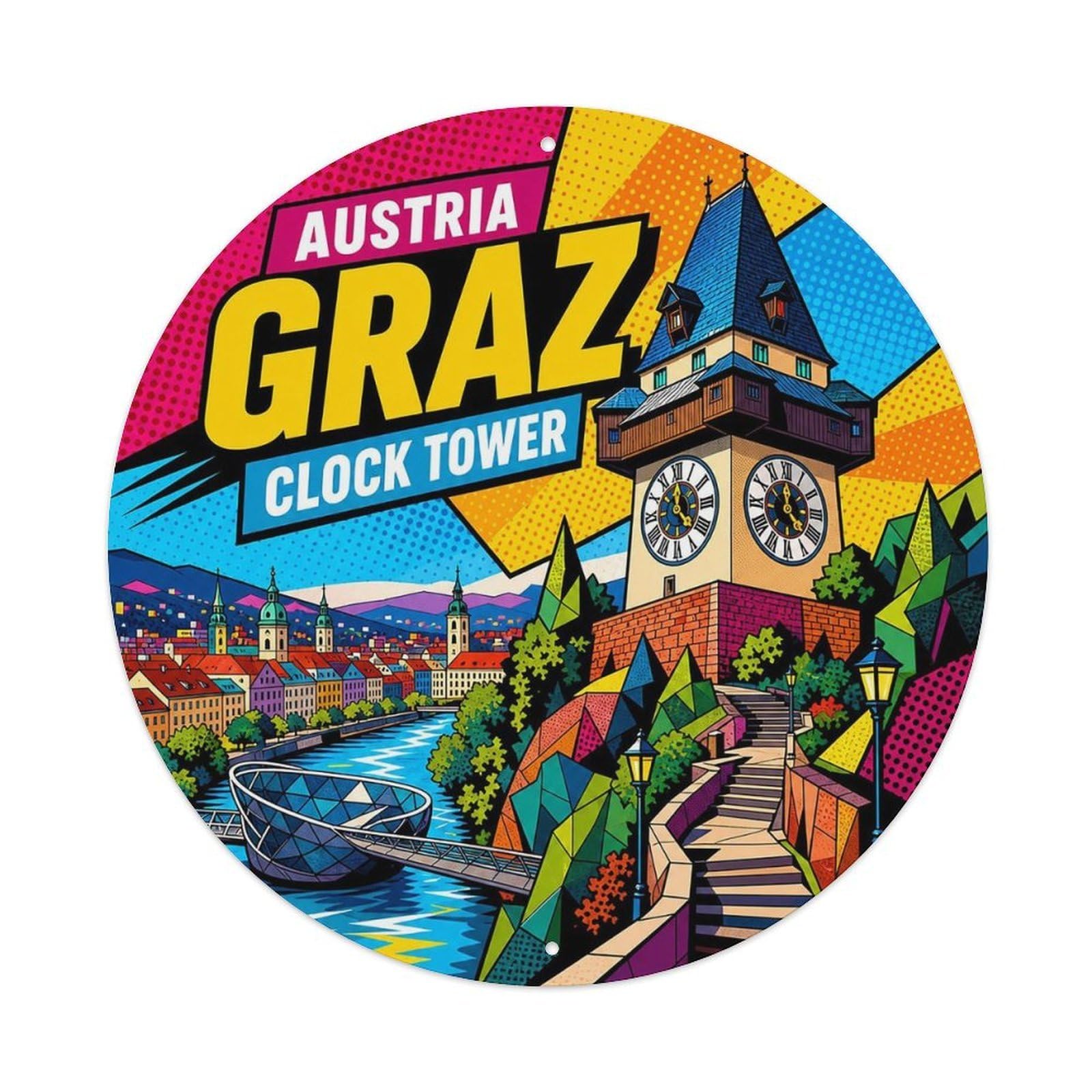 Graz Clock Tower Austrian Graphic Pop Historic Landmark Metal Tin Sign