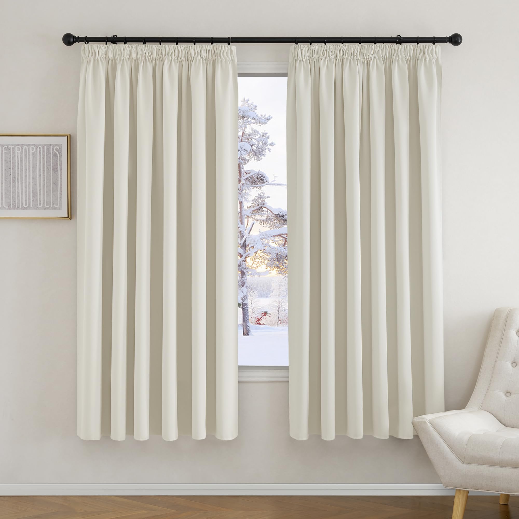 PONY DANCE Pencil Pleat Room Darkening Beige Curtains, Extra Wide, 72 Inch Drop, Thermal Insulated, Blackout, Living Room