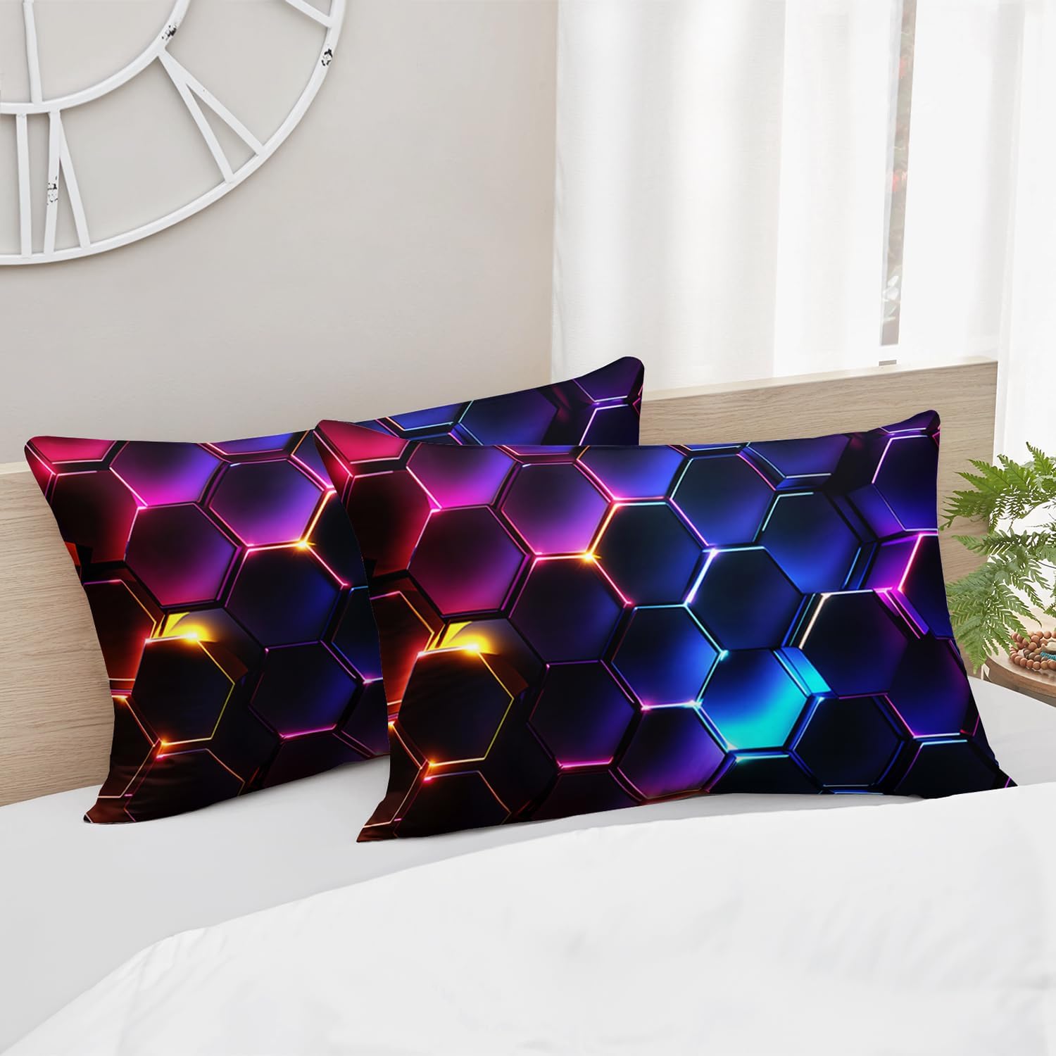 HOSIMA 3D Honeycomb Twin Size Bedding Set,Geometric Hexagon Pattern Fitted Sheet for Kids Teen Boy Room Decor,Lightweight Colorful Neon Lights Twin Bedding,1 Fitted Sheet+2 Pillowcases.