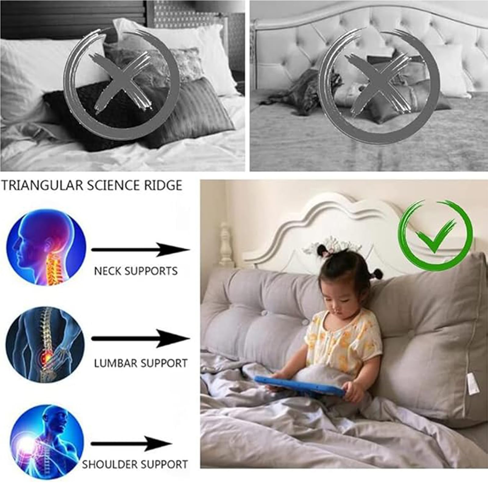 Almohada de apoyo triangular de 80 x 50 x 20 cm, cómodo cojín de respaldo de lectura para cabecero, soporte lumbar, apoyo de posicionamiento, ideal para relajación y apoyo postural.