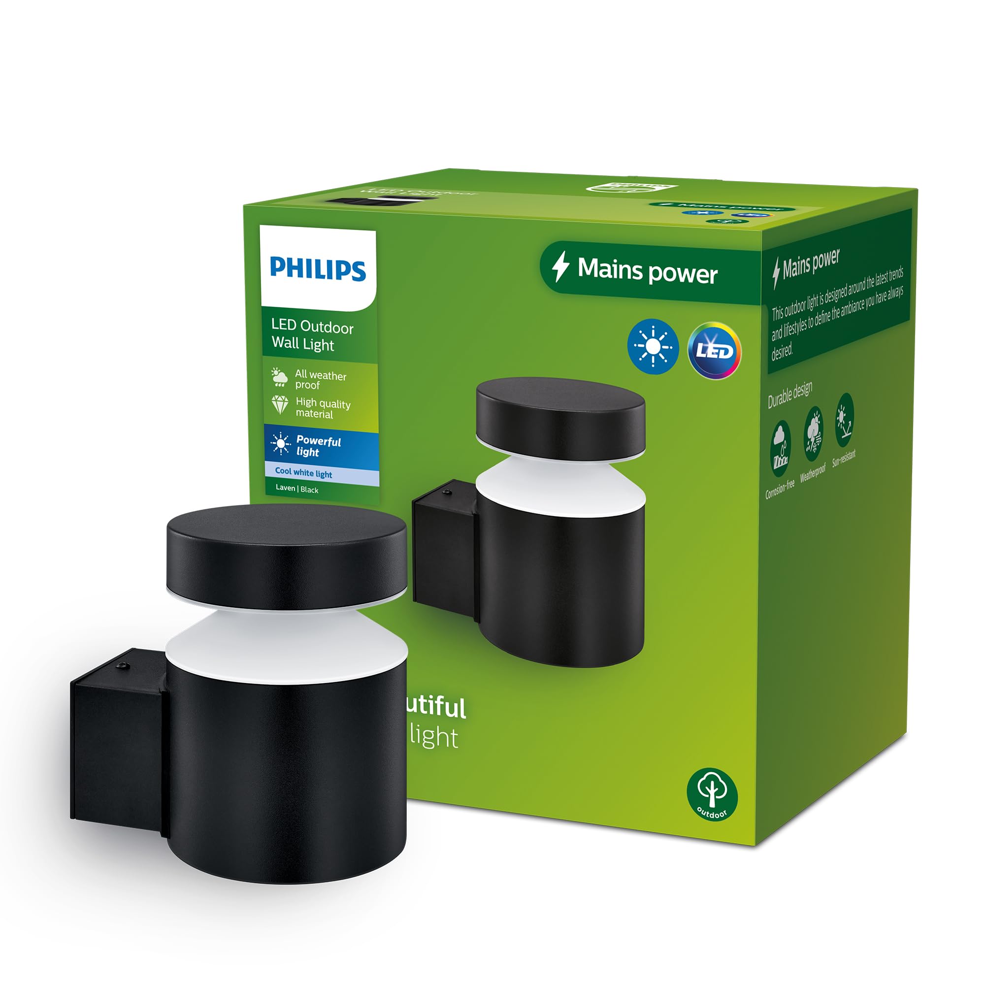 Philips Lighting Laven Outdoor Wall Light, 6W, 2700K Warm White Light, Black, IP44 Weatherproof