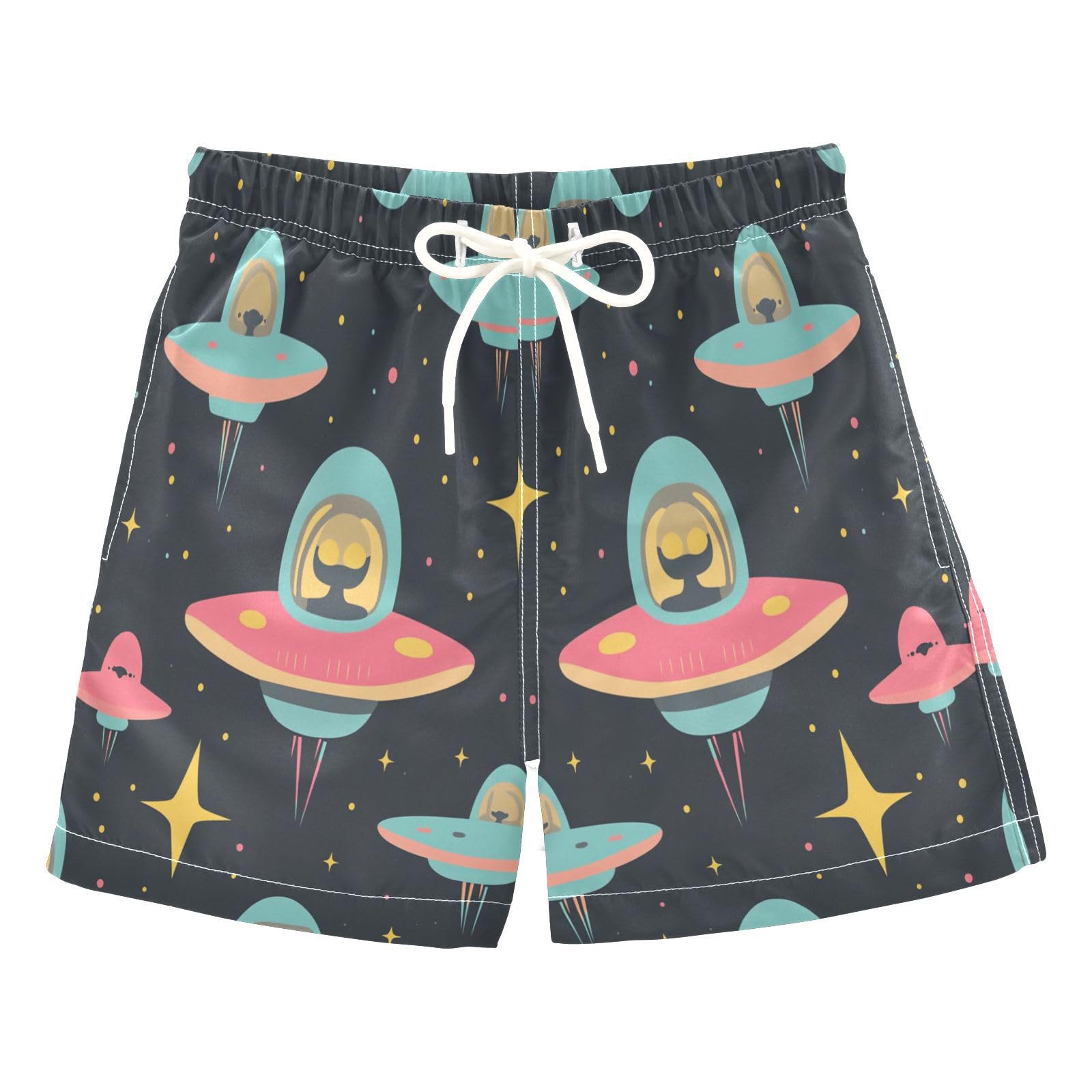 Jucciaco Boys Swim Trunk Quick Dry Beach Board Shorts UFO Planet Star Black Swimwear for Kids