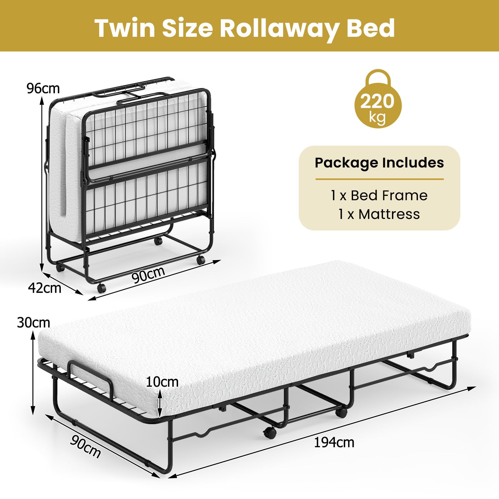 GIANTEX Cama Individual Plegable con Colchón 90 x 190 cm, Espuma Viscoelástica y Marco de Metal, 4 Ruedas, Carga hasta 220 kg, Cama Supletoria Portátil para Hotel, Viaje