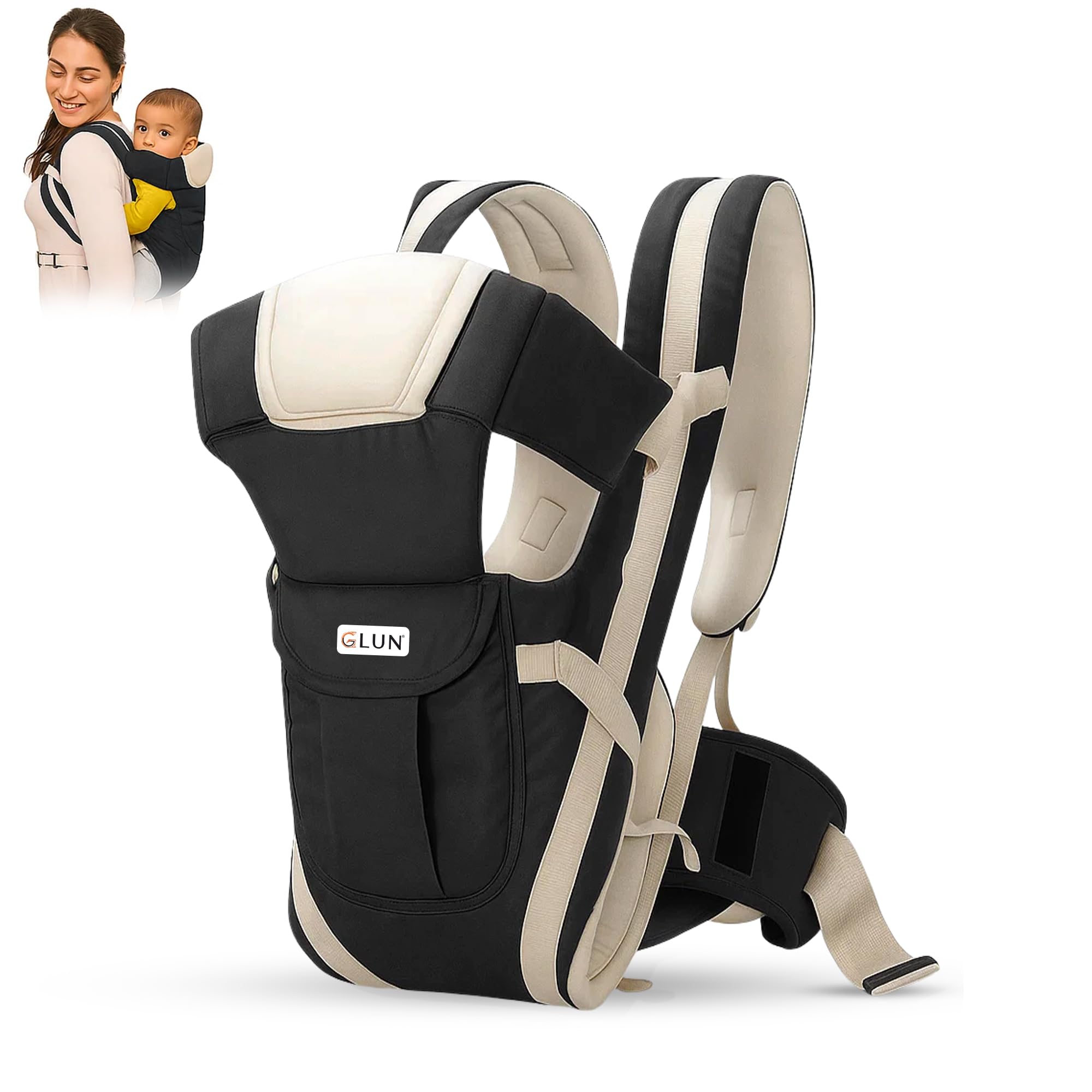 GLUN® Infant& Child Holder Carrier Kangaroo Bag, Pack of 1 Black Colour, Baby Carrier Bag, Ergonomic & Soft Lightweight with Storage Pockets, Comfortable Baby Backpack for Newborn & Toddlers-image-39