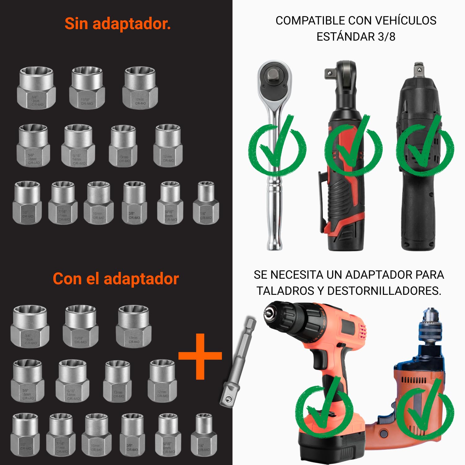 Extractor de Tornillos Rotos Juego 13 Llaves de Vaso 6,35-19mm + Adaptador HEX - Extractor Tuercas Antirrobo Pernos Dañados Oxidados - Estrías Inversas Carraca 3/8" Taladro Atornillador ✯KAPANOR✯