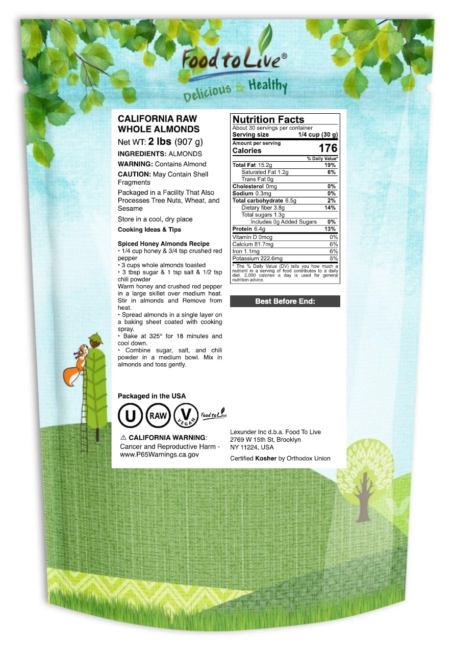 Food to Live California Almonds, 2 Pounds Supreme, Whole, Raw, Unsalted, Unroasted Nuts, Natural. Kosher, Vegan. Keto, Paleo, Low Sodium, Bulk. Great for Making Milk, Butter and Flour