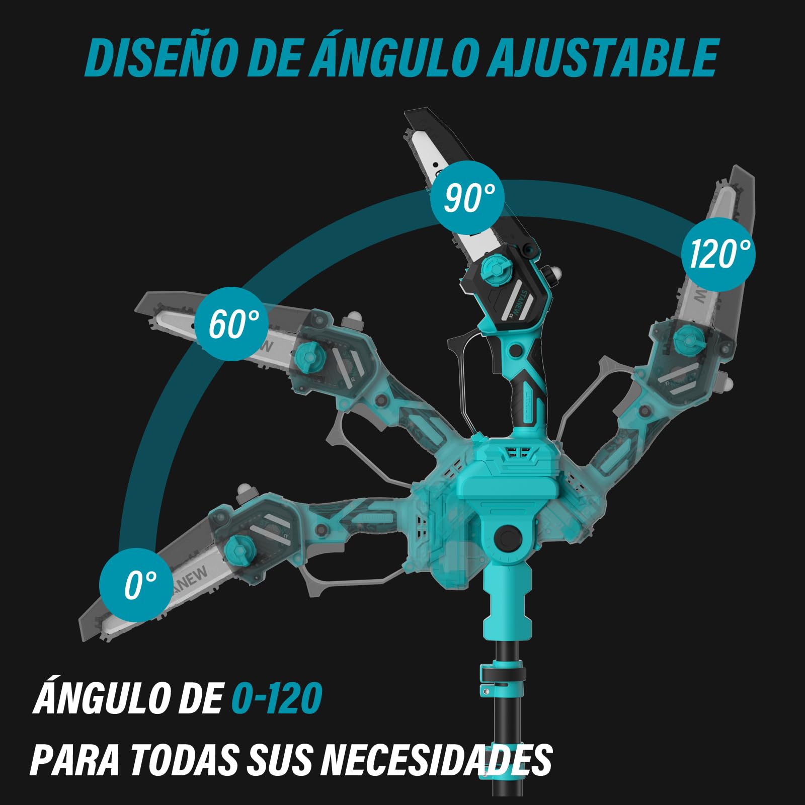 Stanew Motosierra,Batería con 2 Baterías 4000 mAh y 6 Pulgadas | Alcance hasta 4,55 m,Regulación 0-120°,Pantalla LCD,Ideal para Podar Árboles