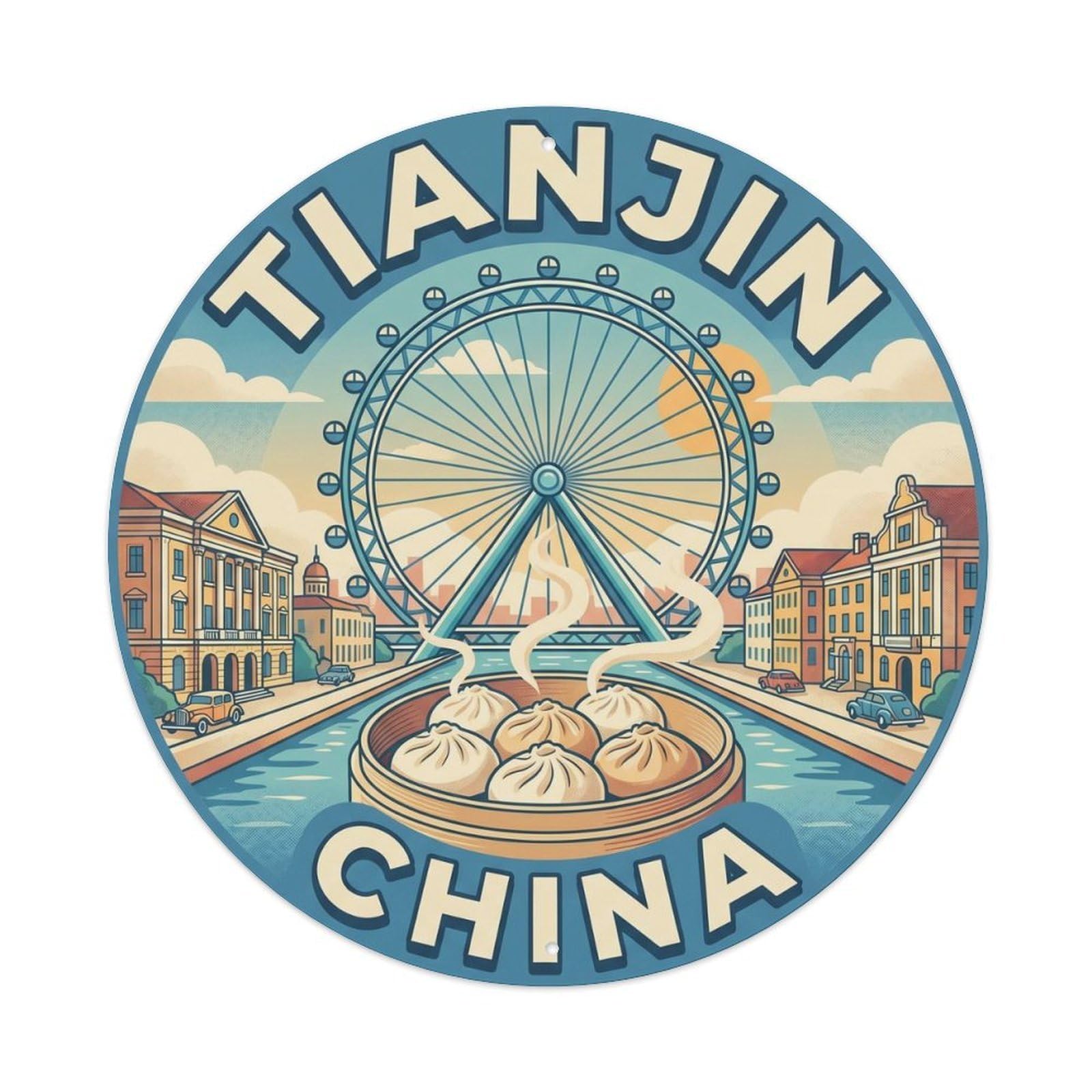 Vintage Travel China Tianjin Eye Vintage Metal Tin Sign Plaque Wall Decor for Cafe, Club Bar, Office, Garden Metal Poster 8x8Inch