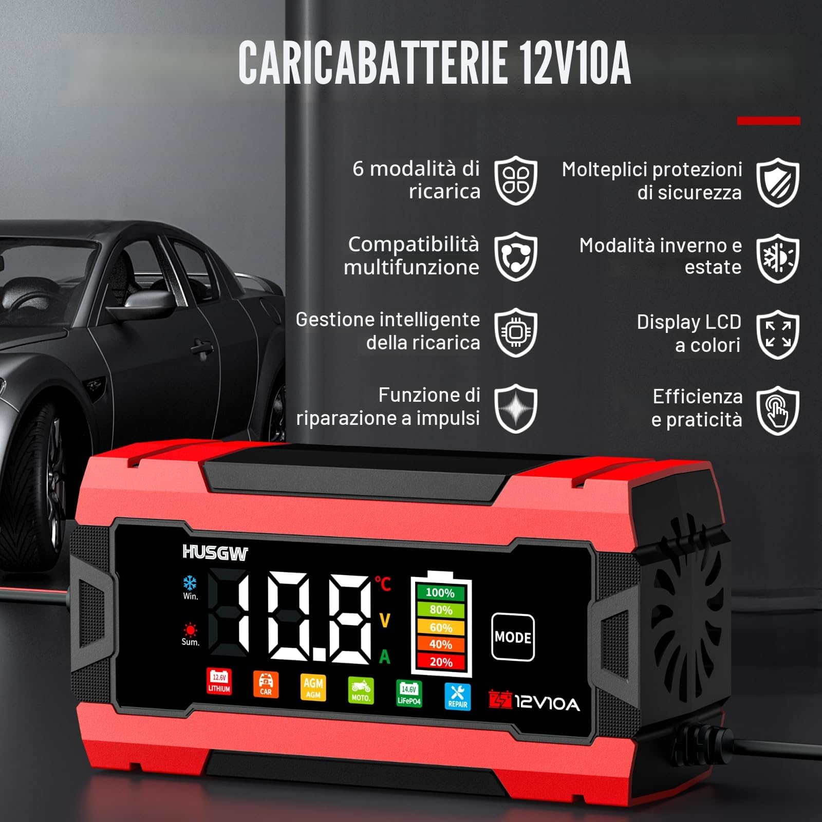 Caricabatterie LiFePO4 12V 10A per Auto Moto AGM GEL Wet SLA Rosso