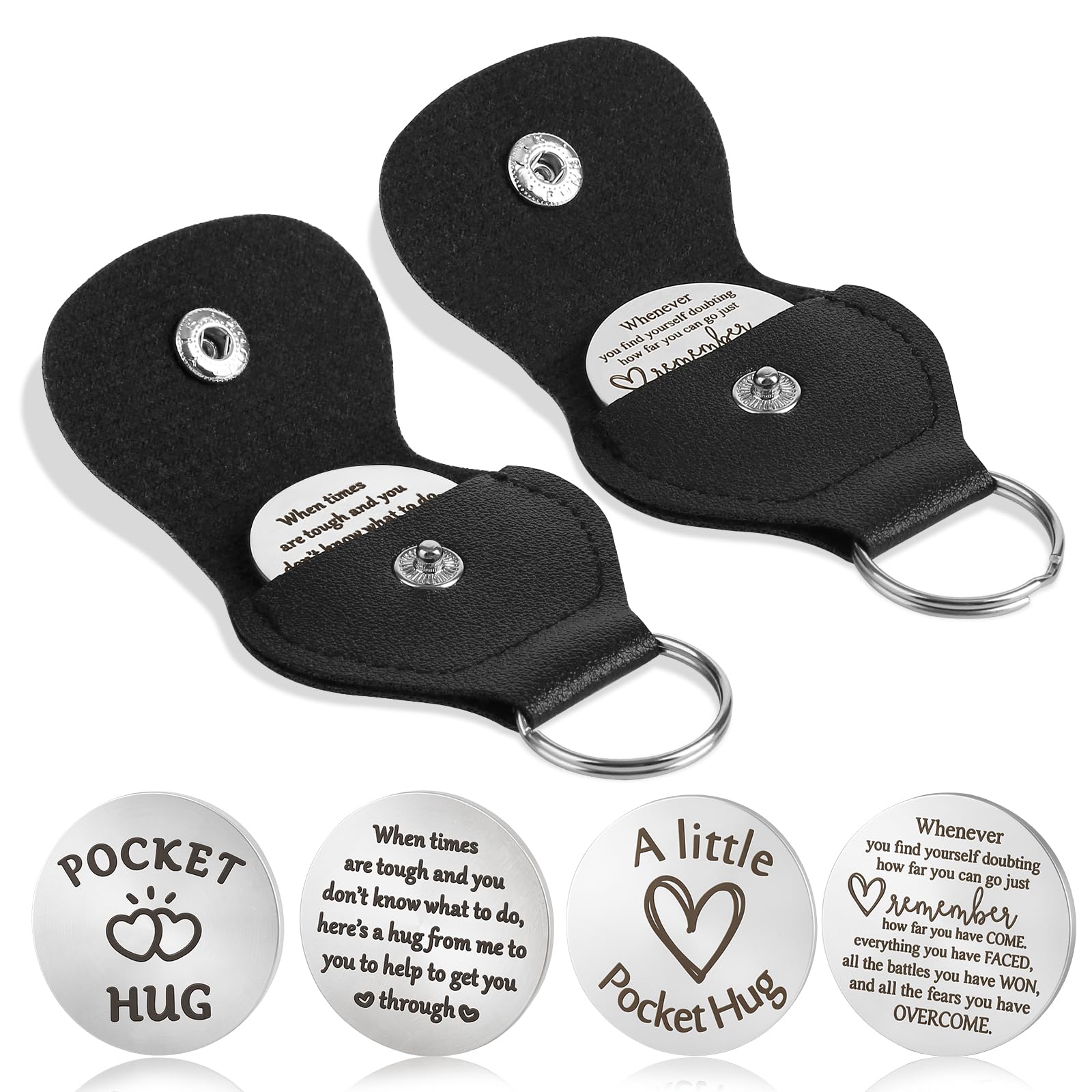 2 Set Pocket Hug Token, Inspirational Stainless Steel Pocket Hug Token with Leather Case, Motivational Gifts Pocket Hug Keyring with Inspiring Words, Positive Affirmation Gifts for for Family, Friends