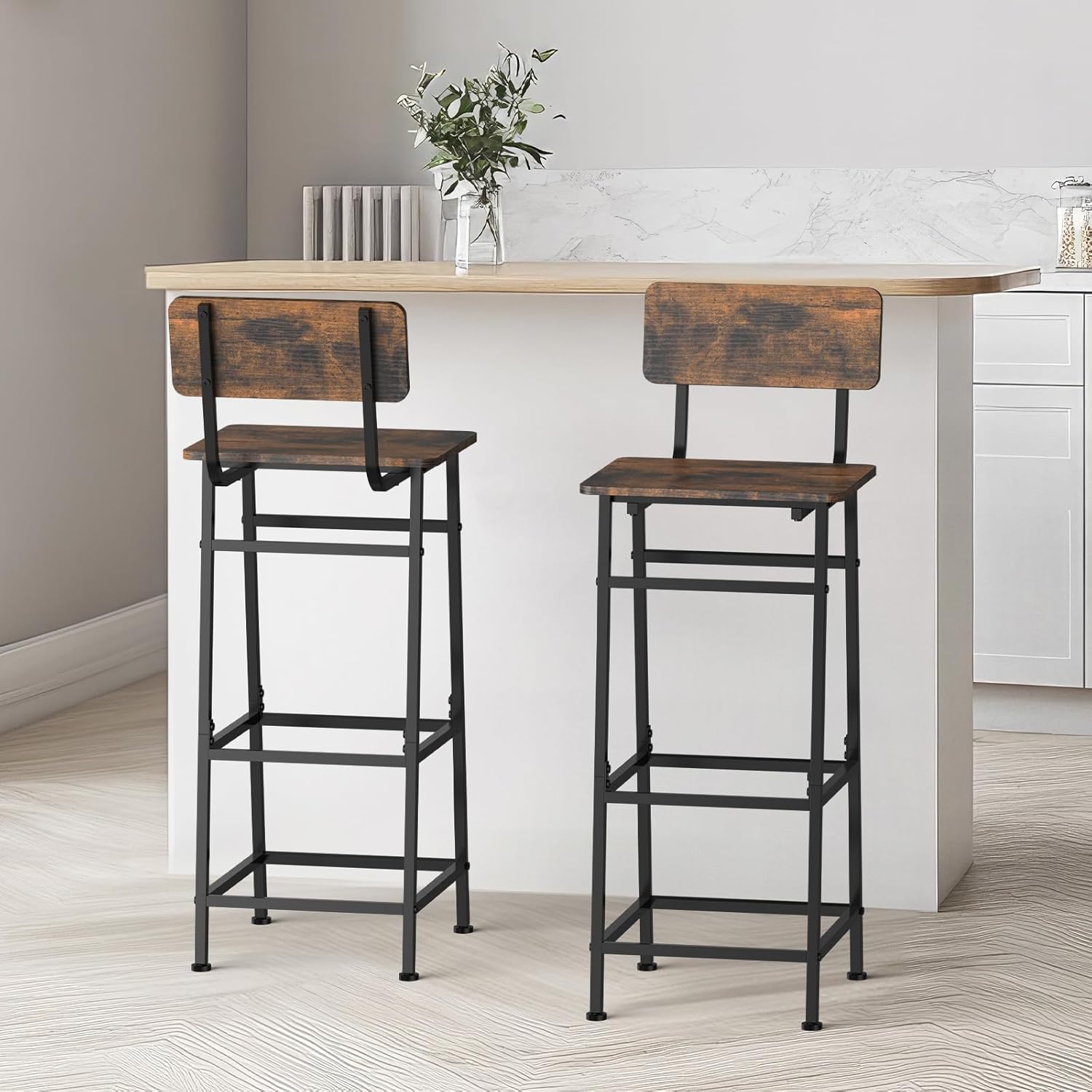 LIANTRAL Set of 2 Bar Stools, Counter Height Bar Stools with Backrest and Footrest, Kitchen Barstools with Wooden Seat, Modern Bar Height Stools for Dining, Kitchen, Brown