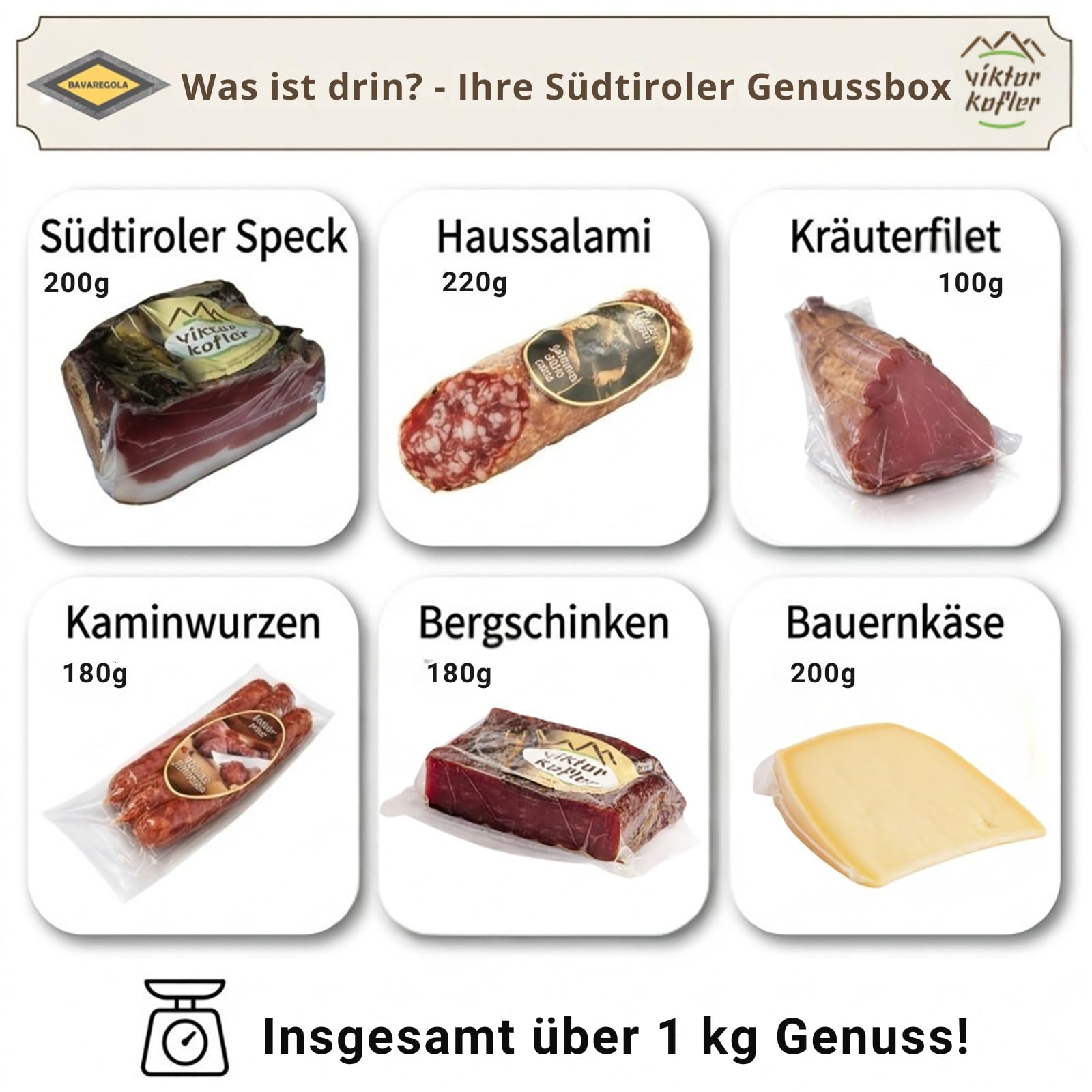 BAVAREGOLA Südtiroler Präsentkorb 6er Marende Alpen Genuss Tiroler Brotzeit Box mit Speck Käse Salami Schinken Kaminwurzen Premium Feinkost Geschenk