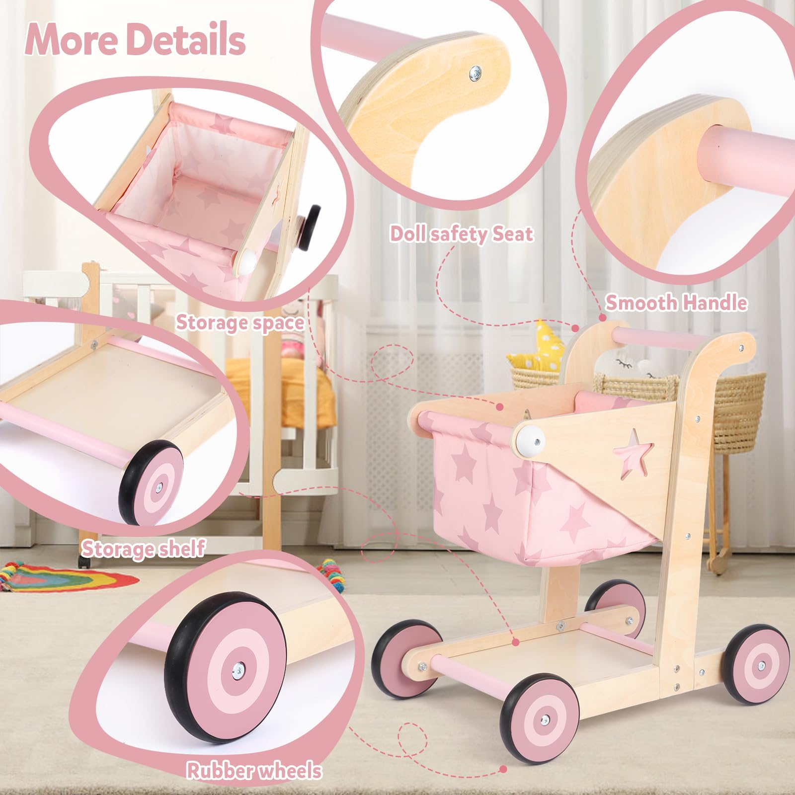 Asweets 2En1 Trotteur en Bois pour Bébé, Poussette pour Poupée, Chariot de Courses pour Garçons et Filles, Jouet d'Apprentissage Assis-Debout pour Tout-Petits (Rose)