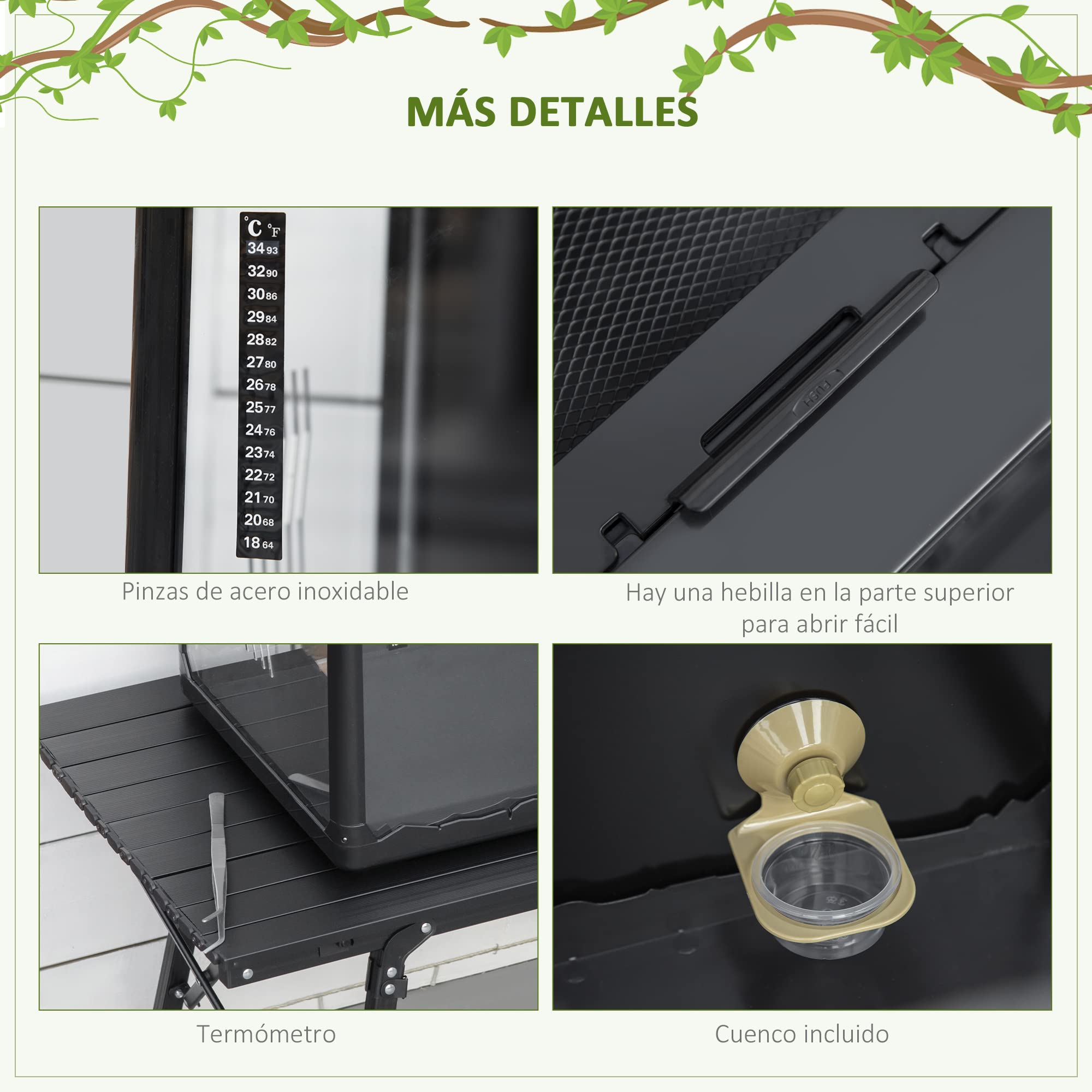 PawHut Terrario para Reptiles Caja de Alimentación de Insectos de Acrílico con Comedero Termómetro 2 Portalámparas E27 e Interruptor para Lagarto Camaleón 60x40x40,5 cm Negro