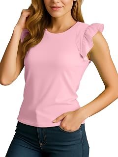 Neon Womens Summer Casual Ruffle Cap Tops Butterfly Sleeve Round Neck Rivoli Blouse Shirt Women