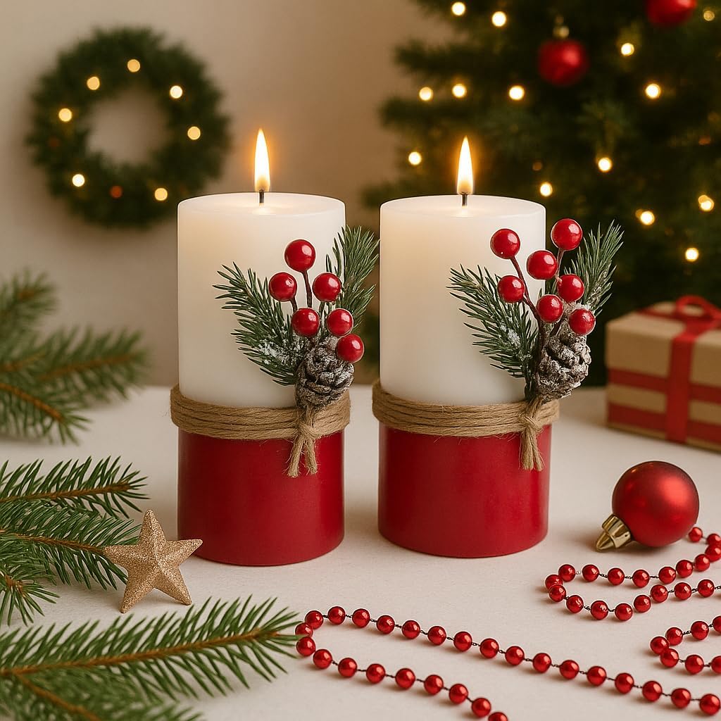 Christmas Red Green White Candles 3x6 Set of 2 Unscented Scented 60 Hour - 20 oz Each - Xmas New Year Decoration - Custom Order Available with Any Scent Color - Handmade in The USA