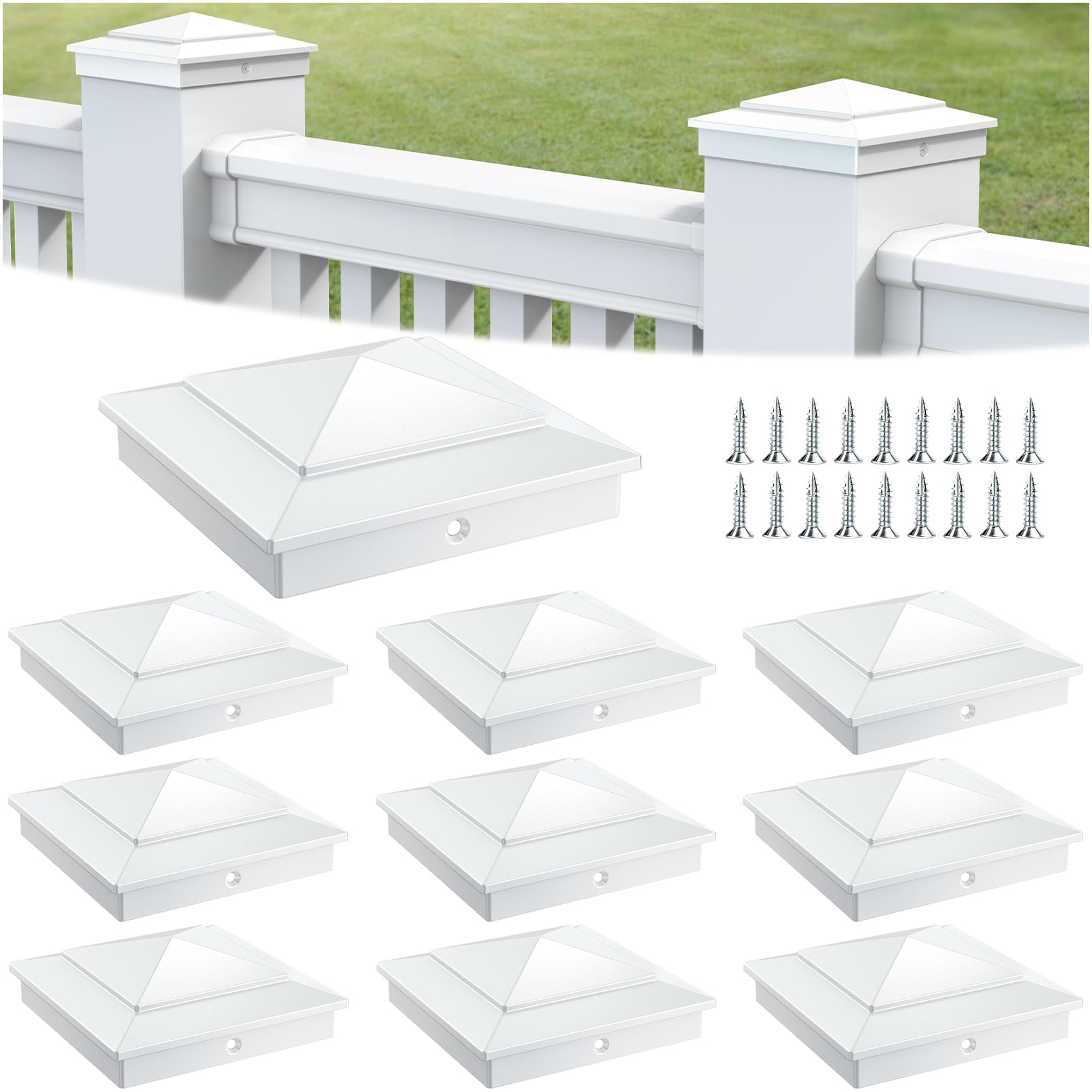 Photo 1 of 10-Pack Aluminum 4x4 Post Caps for Deck Railing, PVC Fence Post Caps with Screws, White Pyramid Deck Posts Cap for Vinyl Rail, Waterproof Metal Deck Cover