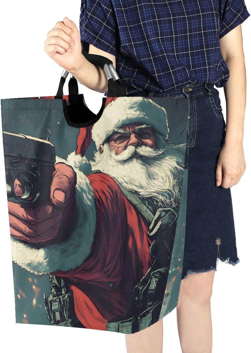 AIXIWAWA Laundry Basket Hamper-Angry Santa Christmas 1 Pack, Collapsible Clothes Holder Dorm Home Laundry Bag with Handles