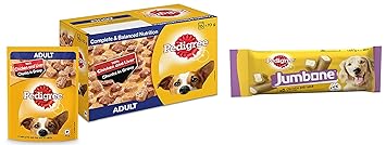 Pedigree Adult Wet Dog Food, Chicken & Liver Chunks in Gravy, 70 g (Pack of 15) & Jumbone Dog Treat, Chicken & Lamb Flavour ? 180g (Pack of 12)