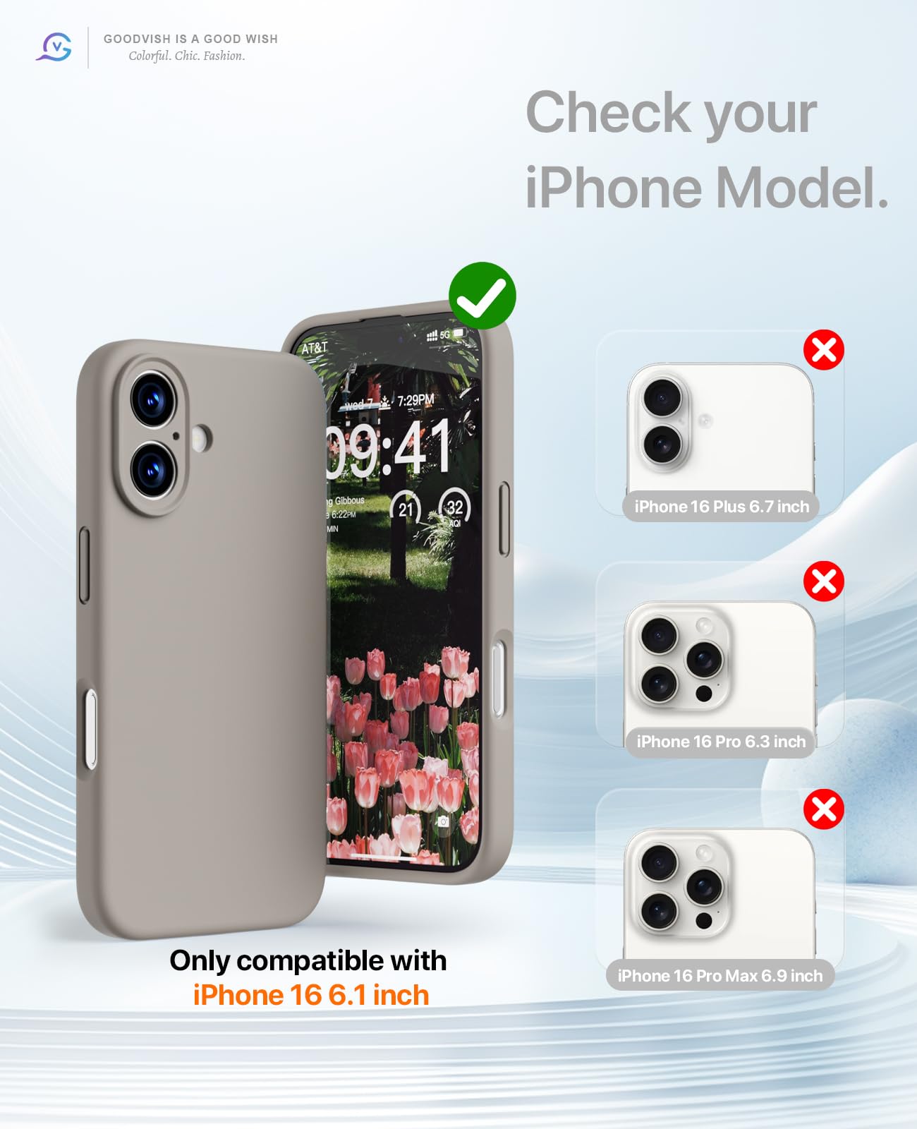 GOODVISH 3 in 1 Silicone Cover per iPhone 16 6.1", Custodia con 2 Pellicola Vetro Temperato [Protezione Fotocamera] 360° Protezione Anticaduta Case per Cellulare Antiurto Resistente, Grigio