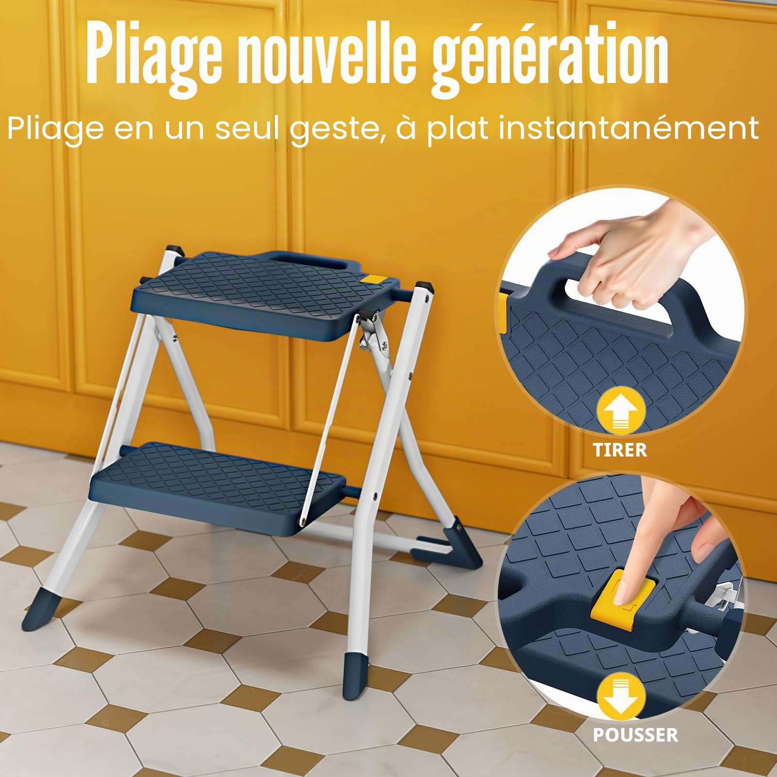 Urackify Échelle Marchepied 2 Marches en Acier Robuste, Pédales Larges Antidérapantes avec Poignée, Échelle Pliable Sécurisée Patins Antidérapants, Charge 150 kg, Idéale Maison Cuisine, Bleu