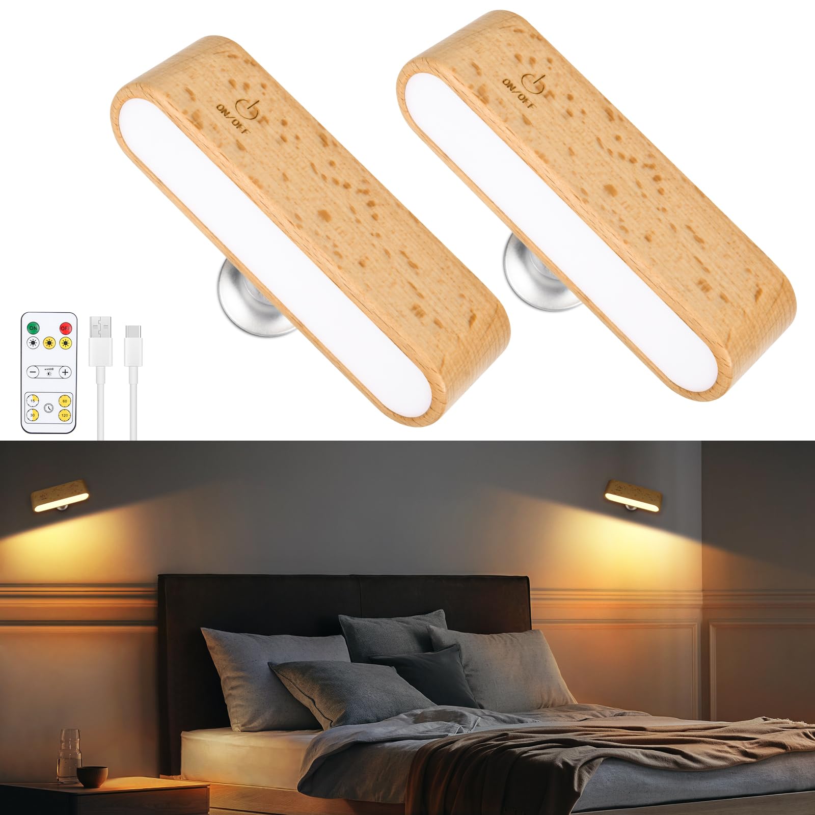 AVANLO 2 Stück Wandleuchte ohne Stromanschluss, Dimmbar LED Wandleuchte Innen mit Fernbedienung, 3 Farben, 360° Drehbar Magnetische Wandlampe Akku für Schlafzimmer Wohnzimmer