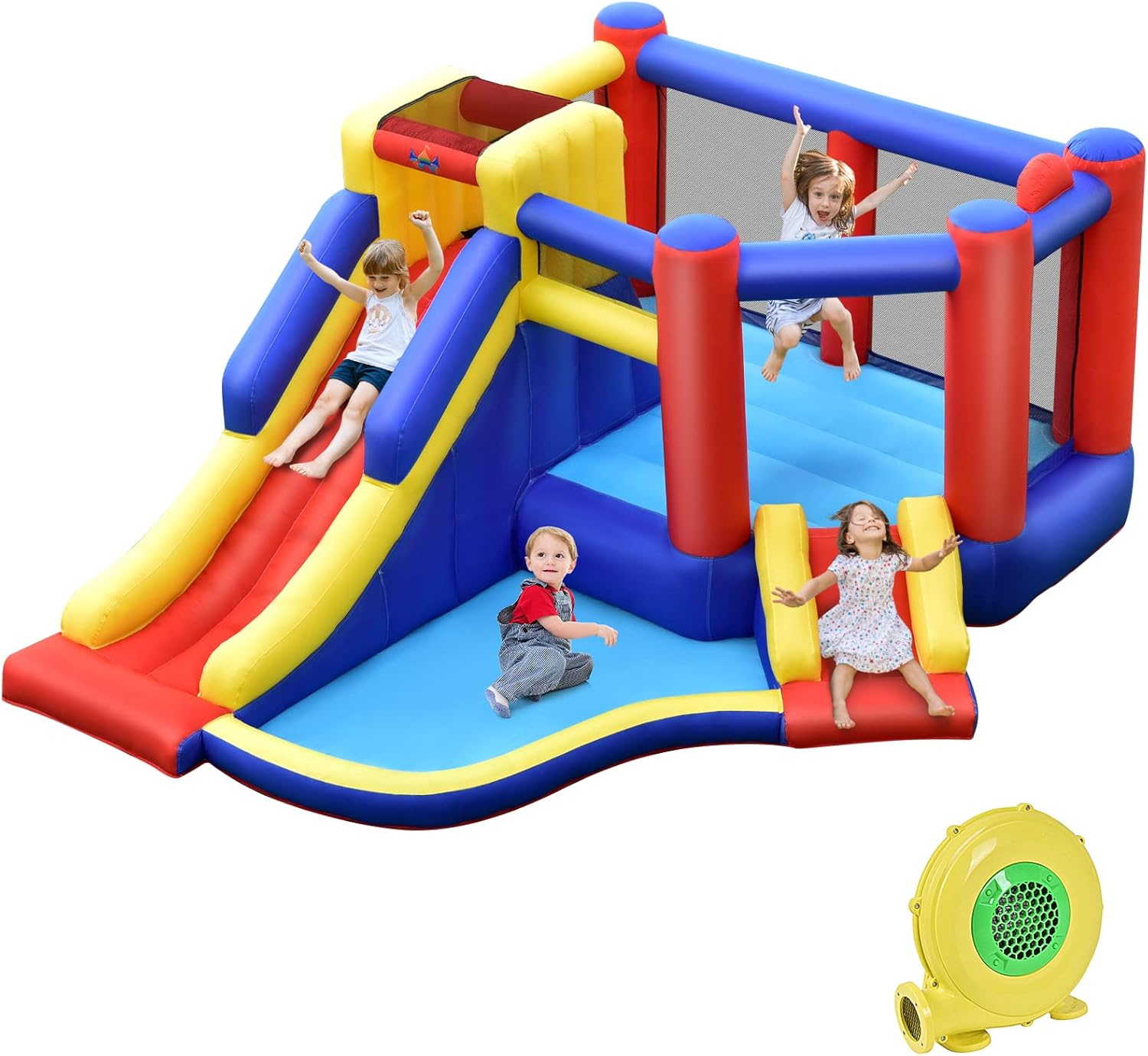 COSTWAY Hüpfburg mit Gebläse, Langer Rutsche, großem Sprungbereich