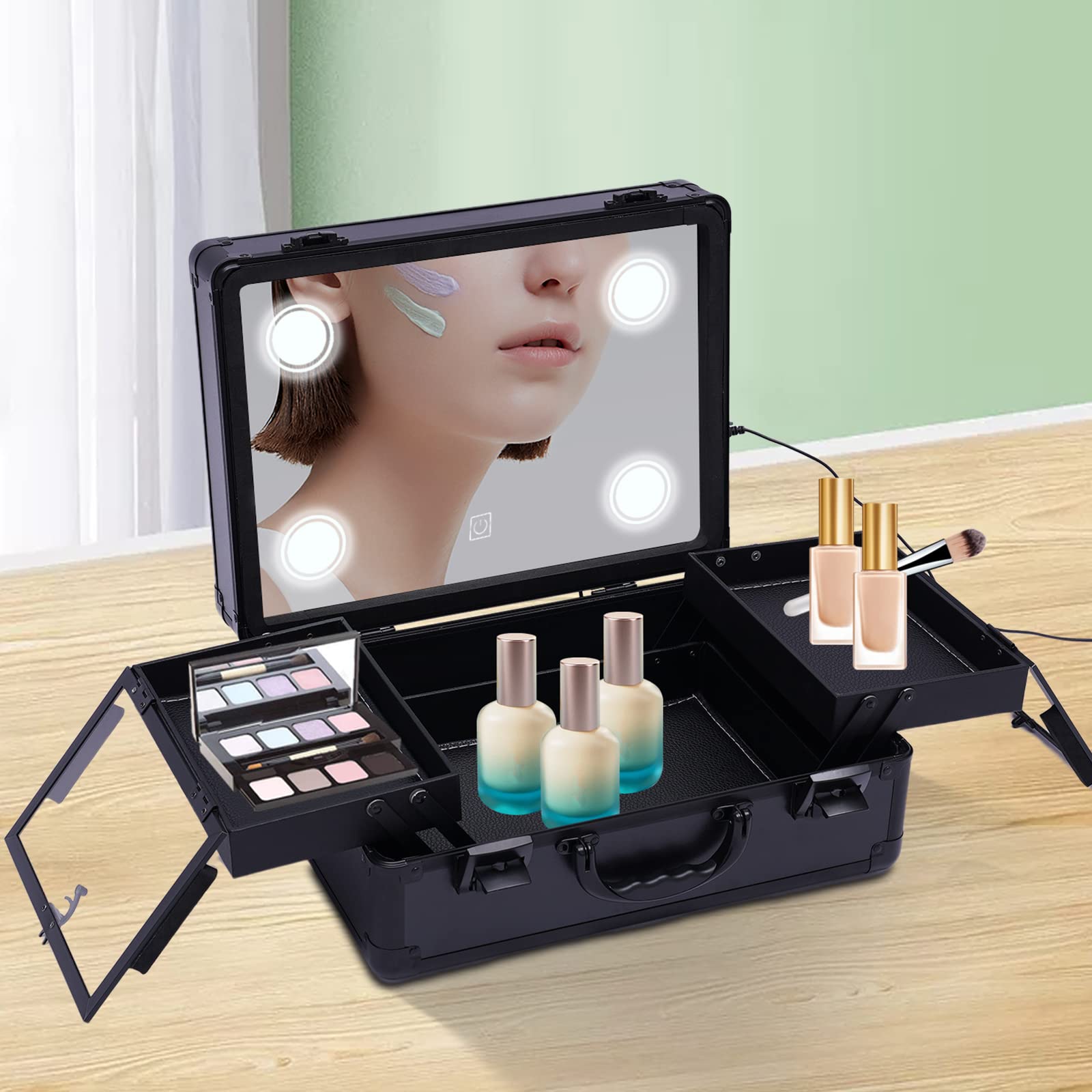 Makeup Train Case, Kosmetiktasche mit LED Spiegel/individuellen Unterteilungen, Schminkkoffer Make-Up Koffer für Friseur, Make-up-Studios, Hochzeits (Schwarz)