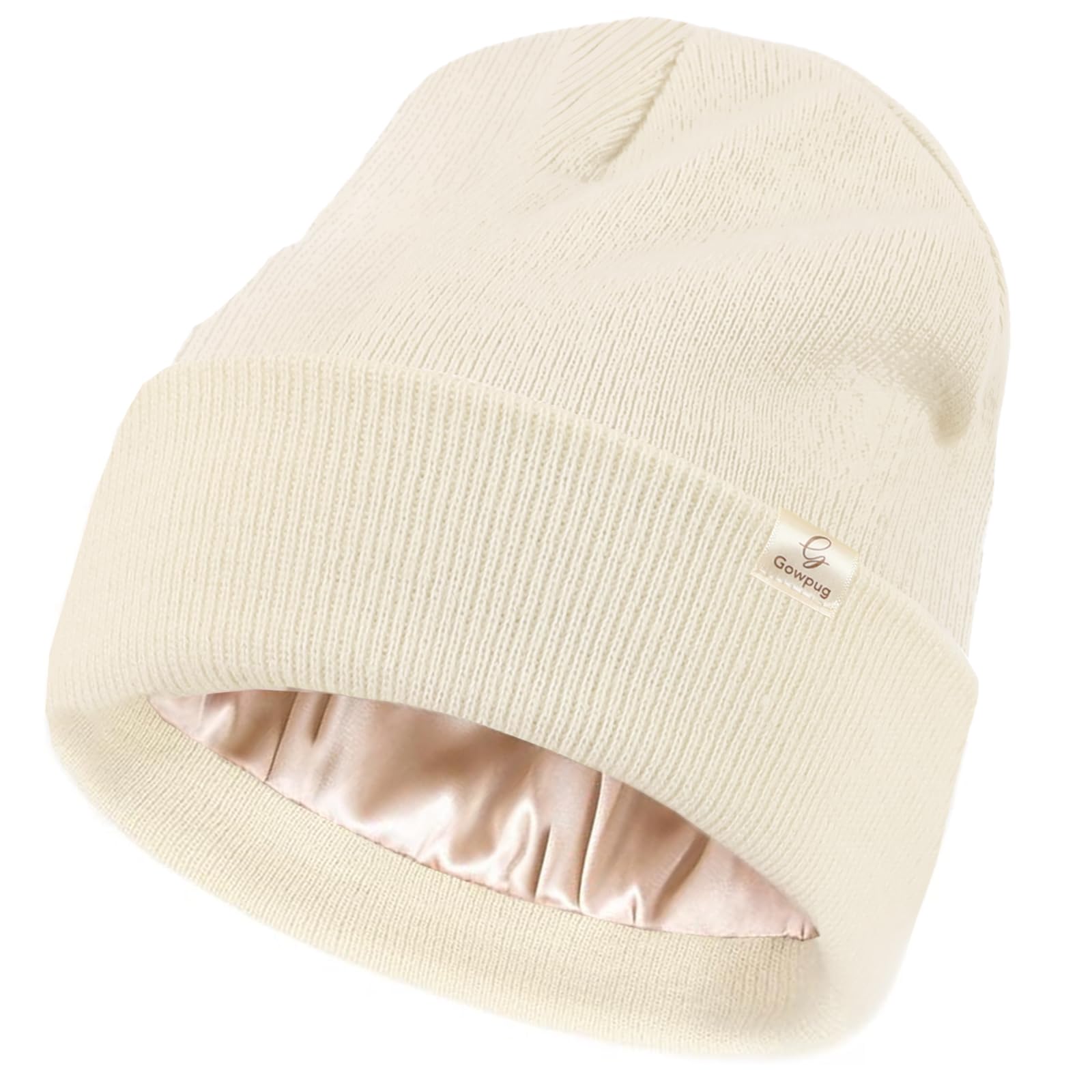 Satin Lined Beanie for Women Men Winter Silk Lined Hat Warm Knit Cuffed Beanies Hat Thickened Slouchy Skull Cap (US, Alpha, One Size, Beige)