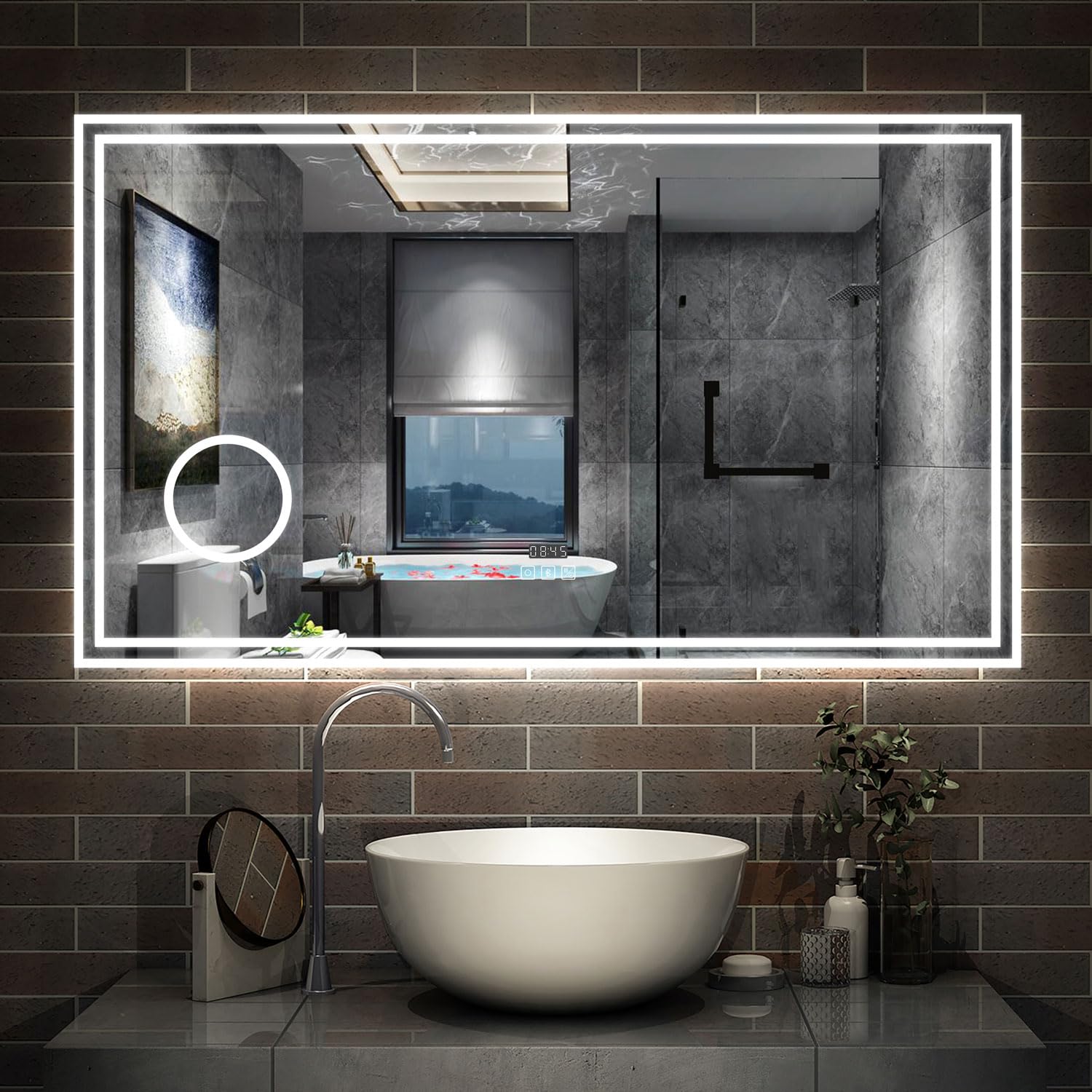 Acezanble Bluetooth+Dimmable+3 Colors+Clock+Magnifying Bluetooth Led Bathroom Mirror With Lights, Magnifying 800X600mm Bathroom Mirrors With Dimmable 3 Colors, Demister Pad, Anti-Fog, Clock, Illuminated Wall Mounted Vanity Mirror Horizontal/Vertical