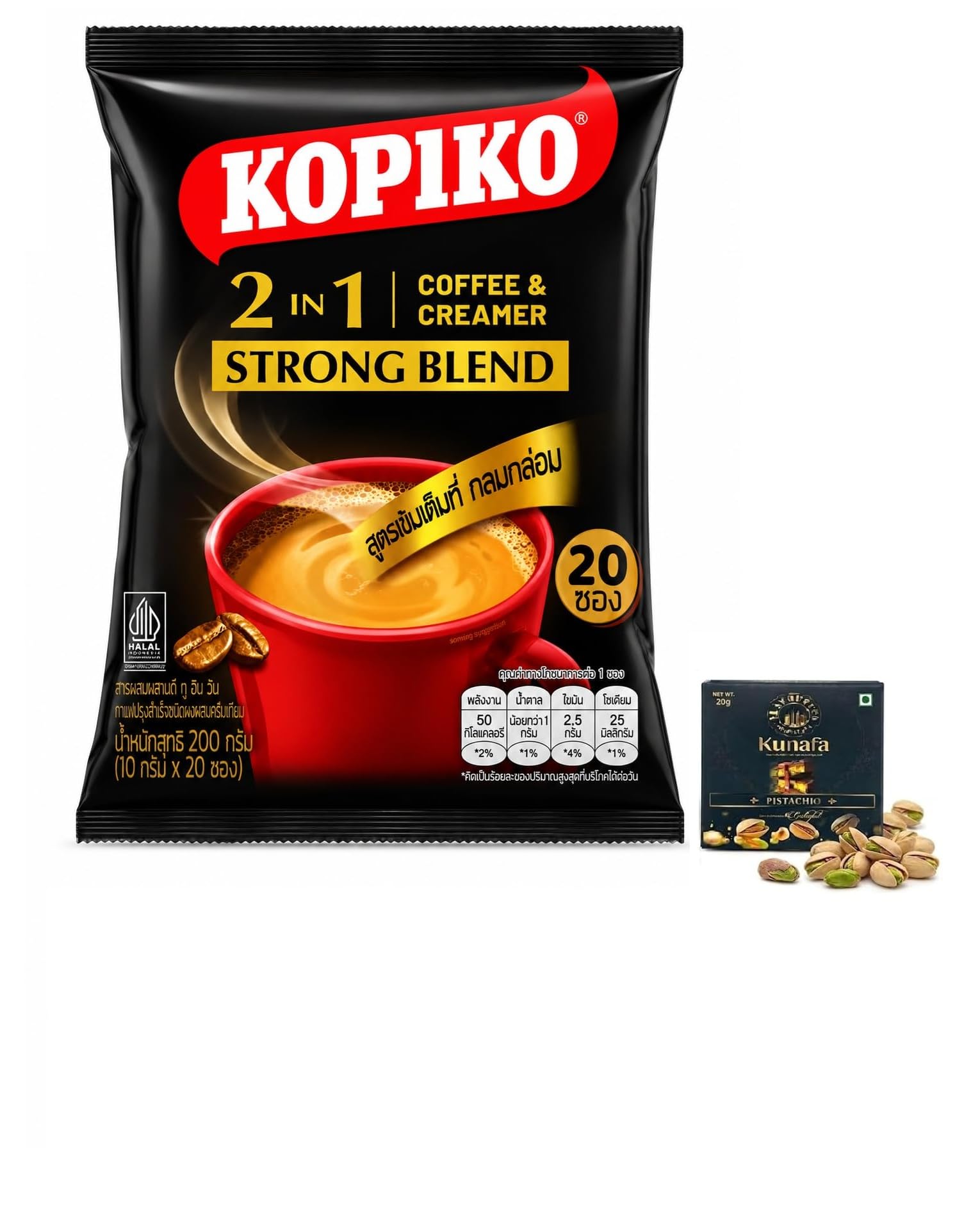 Kopiko 2 in 1 Strong Blend Instant Coffee & Creamer, 20 Sachets, 200g (10g x 20) with Free Flavourito Kunafa Pistachio Chocolate Bar, 20g By Decadent Foods-image-14