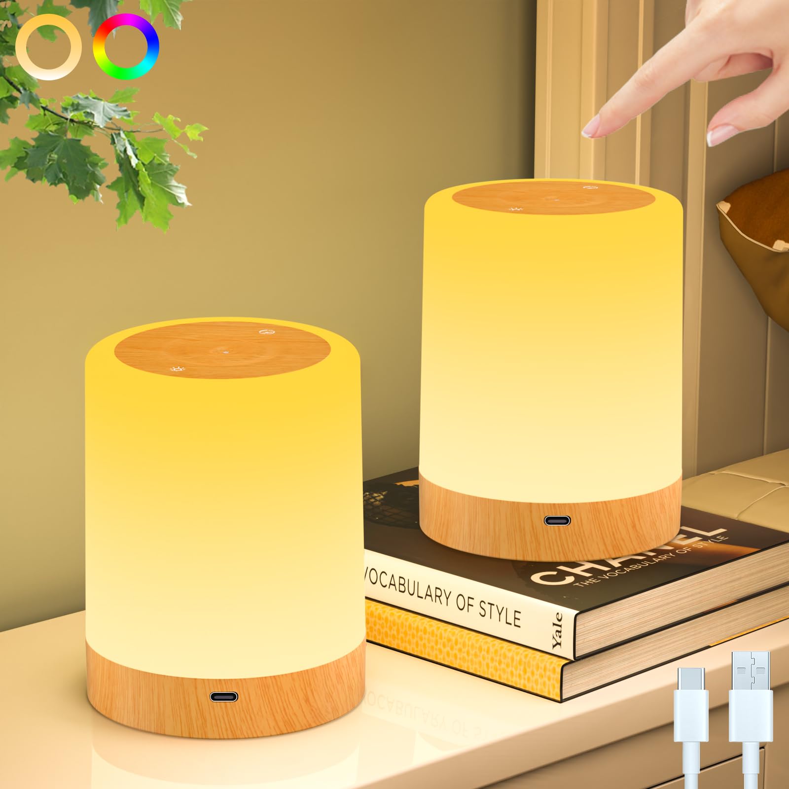 GIACOMO Lamparas Mesita de Noche Táctil 2Pcs, 256 RGB Regulable Luz Nocturna Infantil, USB Recargable, Lámpara Mesa LED de Cabecera con Temporizador, Función Memoria, Adecuado para niños, bebés