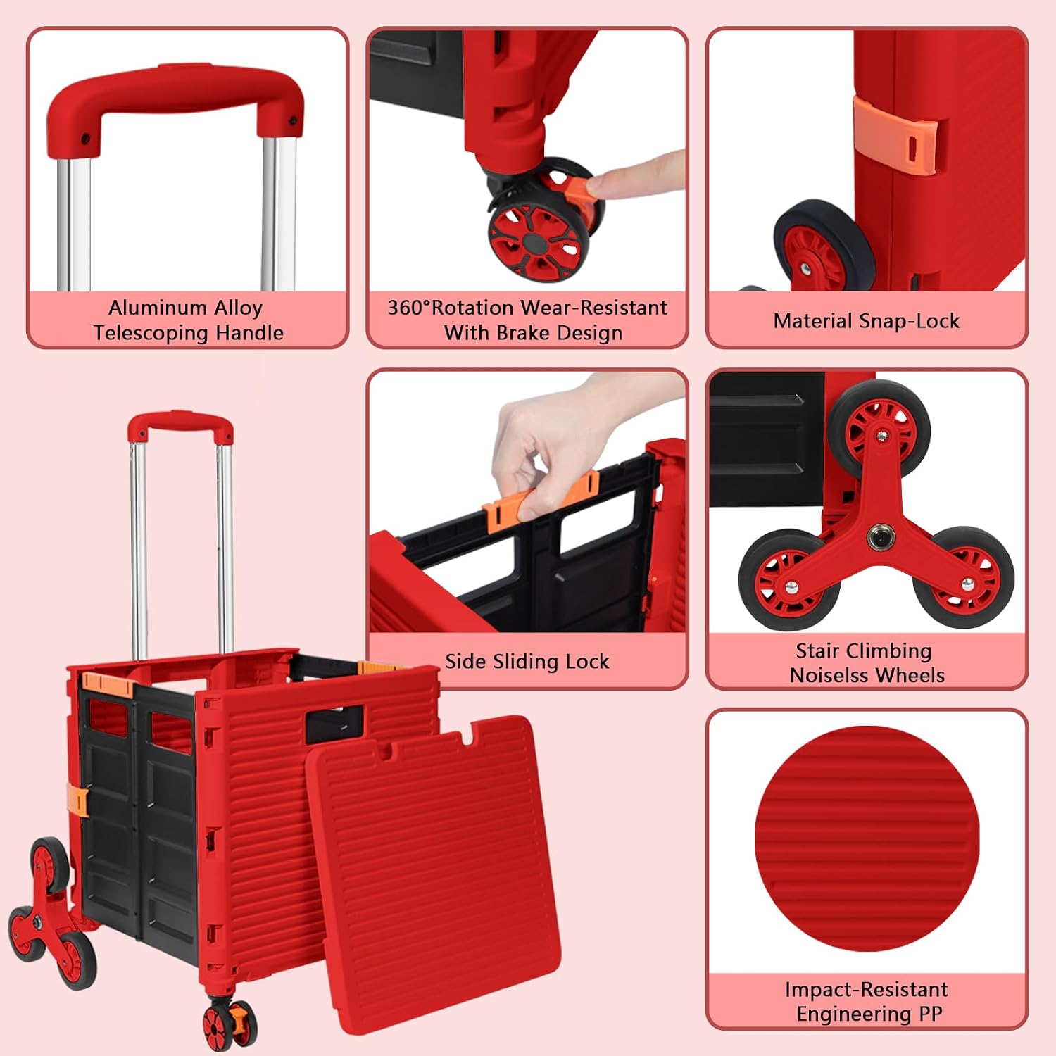 FELICON SELORSS Folding Utility Climber Cart Portable Rolling Crate-Red image 2