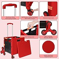 Vista 135 de FELICON SELORSS - Carrito plegable portátil con ruedas para subir escaleras y ruedas giratorias de 360°, mango telescópico, caja de plástico