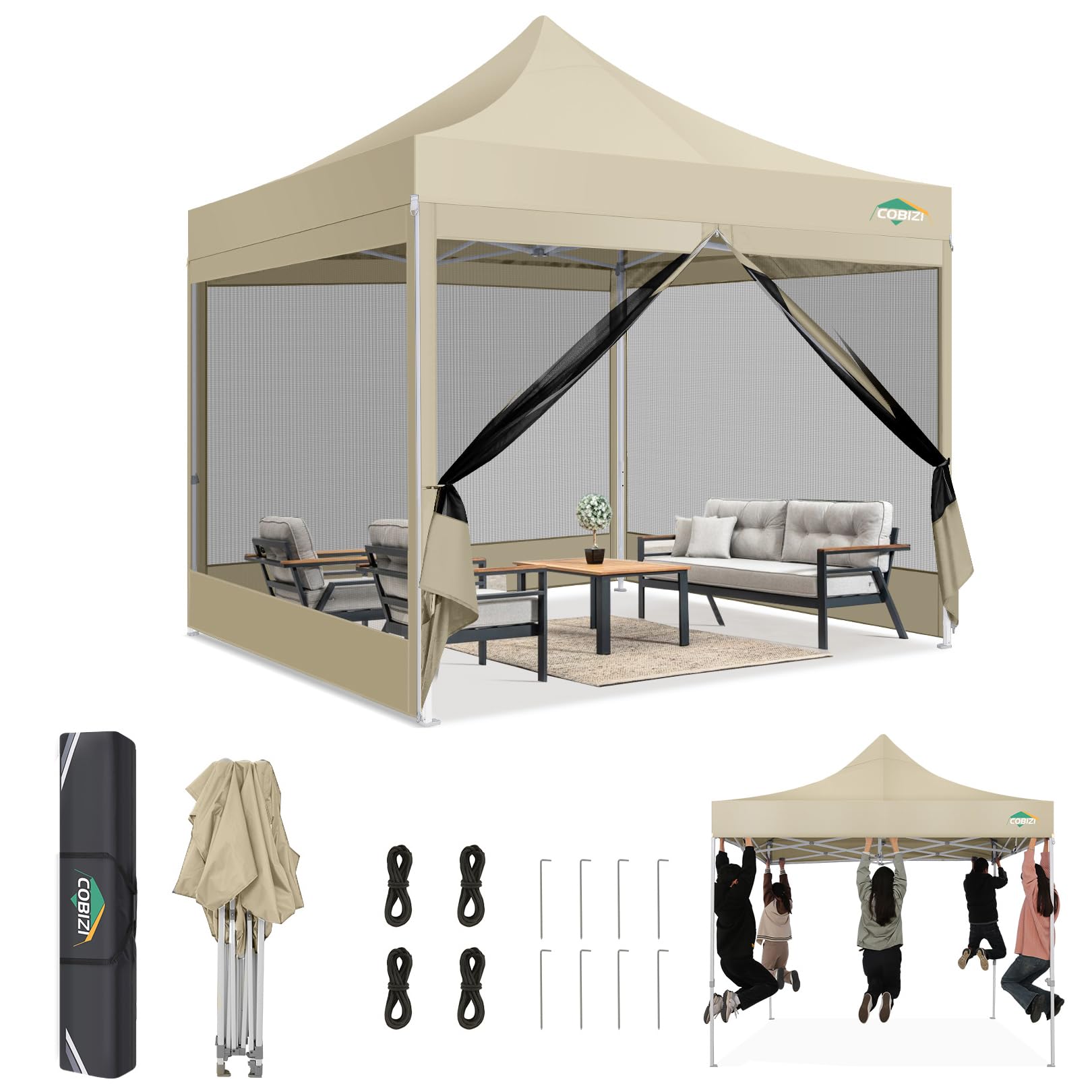 COBIZI Gazebo 3x3 Pieghevole Impermeabile, Esterno Resistente con Zanzariera Parete Laterale,Tende per Gazebo,Tendone Padiglione Pop Up per Feste Campeggio con Borsa(3 per 3m Cachi)