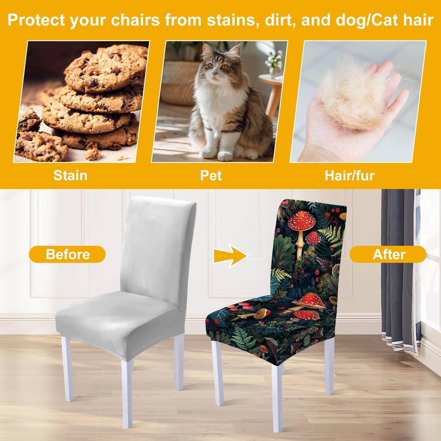 Mushroom Dining Chair Covers Set of 4, Stretch Spandex Chair Slipcovers with Fantasy Forest Toadstool Print, Removable Washable Seat Covers for Kitchen & Dining Room Decor