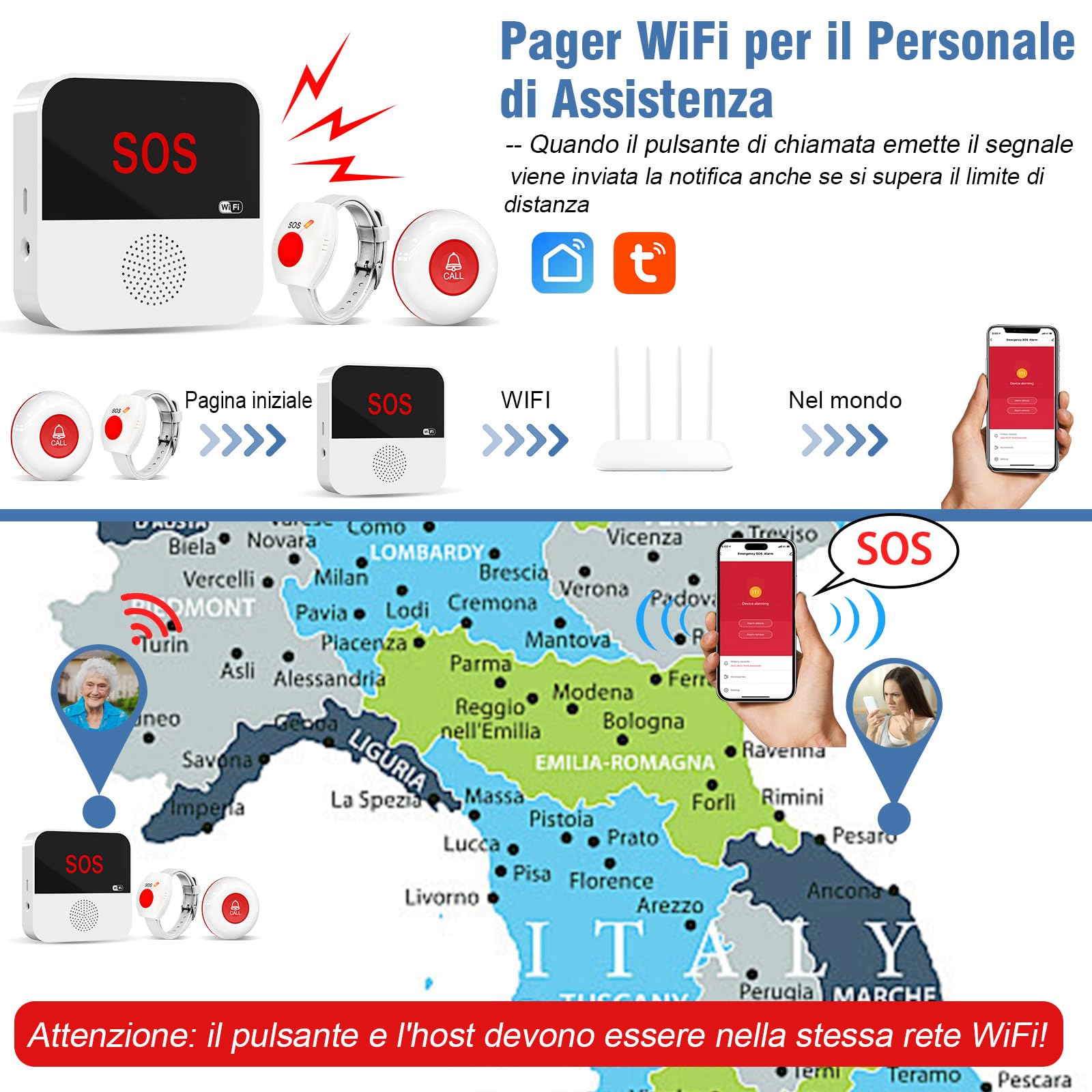 ChunHee Bracciale di Emergenza per Anziani Tuya WiFi Smart Wearable Senior Emergency Bell Alert System for Elderly Patients Disabled, Children (only supports 2.4GHz Wi-Fi)