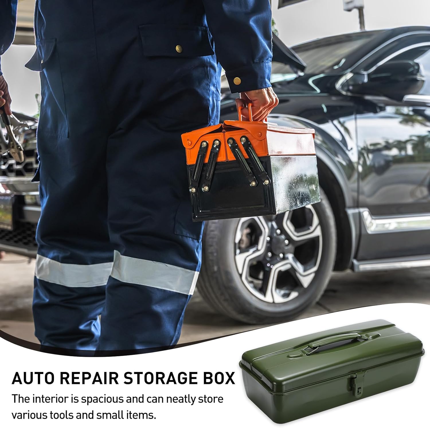 HARFINGTON Portable Steel Tool Box, 14.6" x 6.1" x 3.0" with Handle Metal Latch Trunk Tool Storage Box Metal Organizer Mountain Toolbox for Garage Warehouse Workshop Household, Light Green