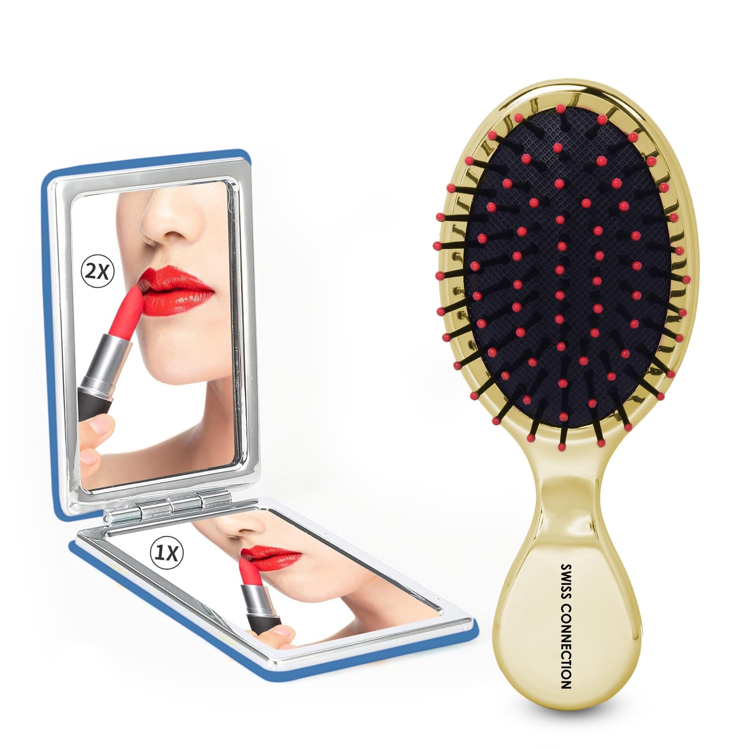 Swiss Connection Double Side Magnifying Compact Mirror, Mini Detangle Hair Brush For All Types Hair Use | Light Weight & Durable | Easy to Use | Non-Slip Grip For Unisex Use Multicolour (Pack 2)