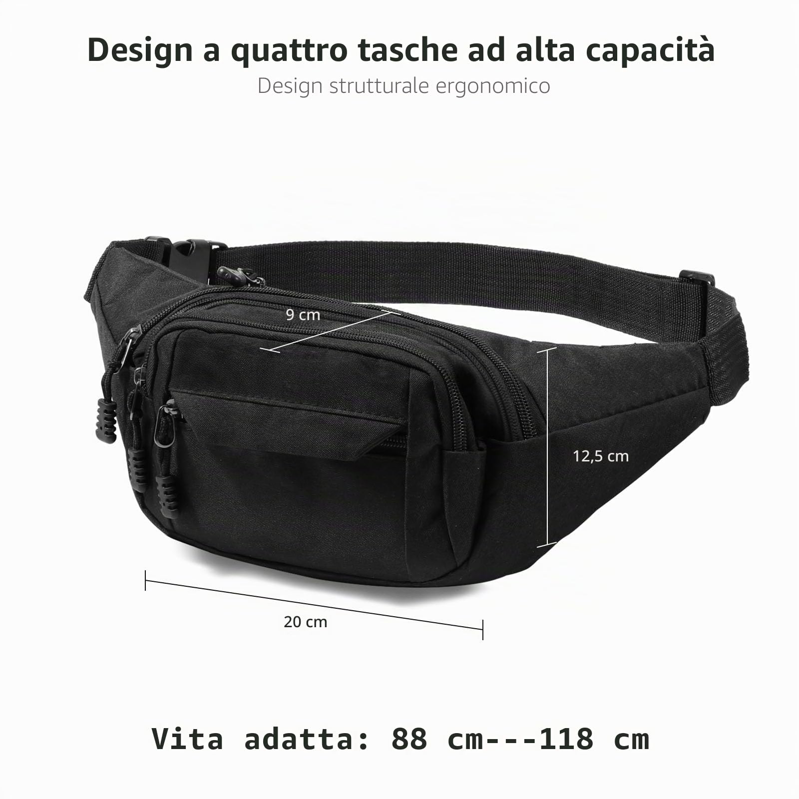 Vinabo Marsupio Uomo Donna Unisex, Marsupio Sportivo Grande con 4 Zip Tasche,Marsupio da Unisex per Allenamento All'aperto Escursionismo Campeggio