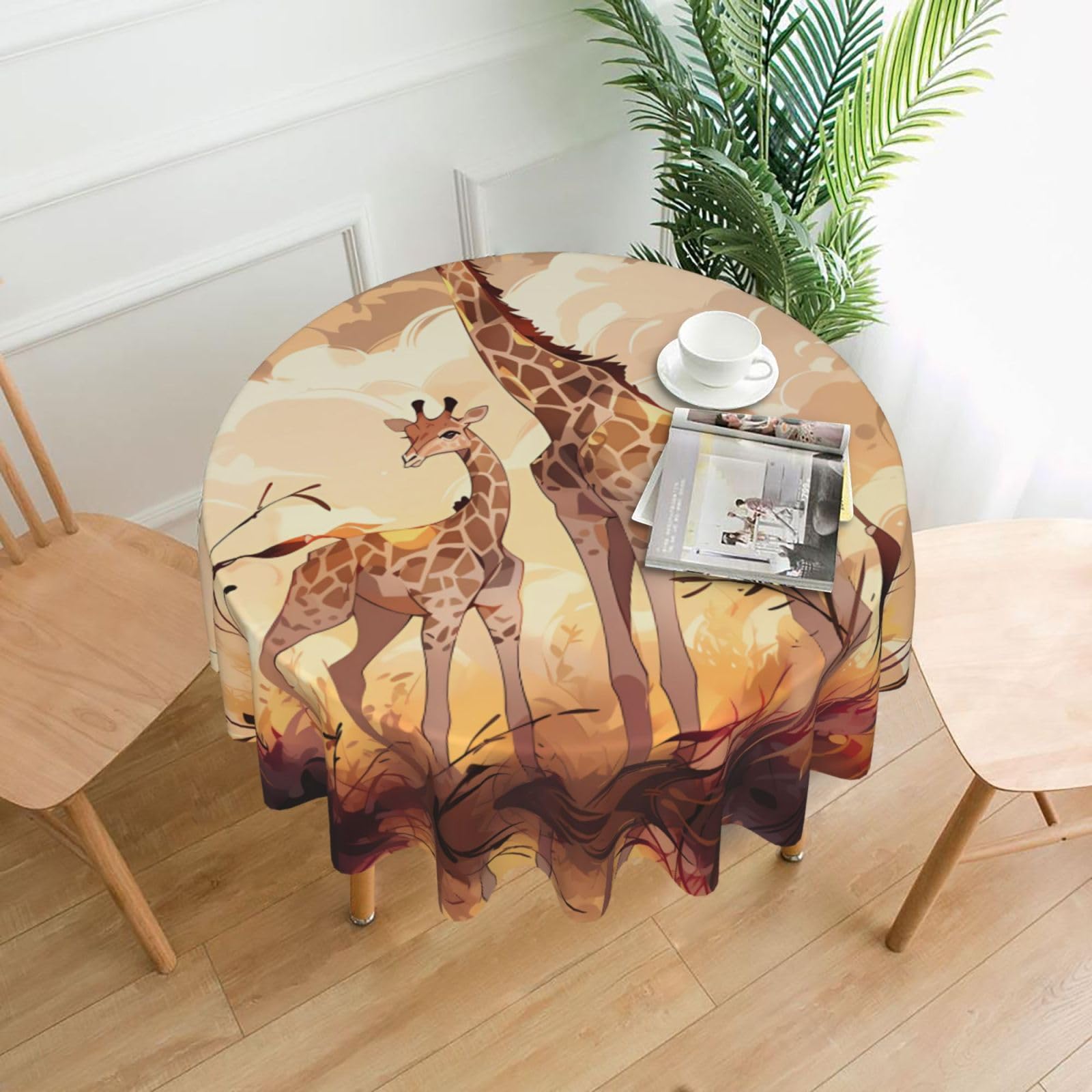 HLSBSSL Giraffe mother and child Printed round decorative tablecloth, 60 inches, suitable for various tables in the living room, dining room, coffee table, etc.