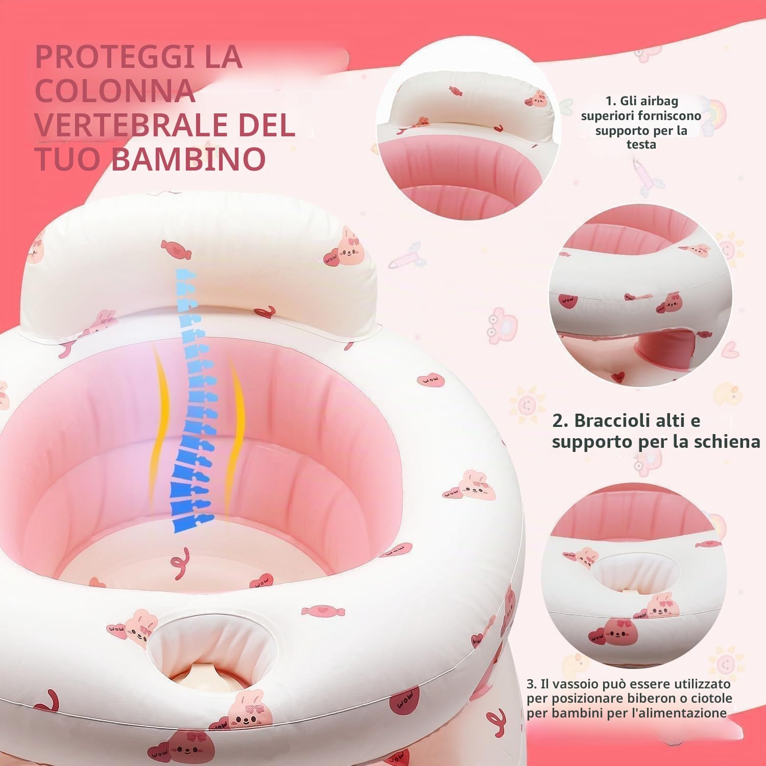 Seggiolino Gonfiabile Neonato di 3-36 Mesi di, Sedia Gonfiabile per Bebè a Pieghevole con Pompa Integrata, Supporto per Seduta per Bimbi Piccoli (Coniglio)
