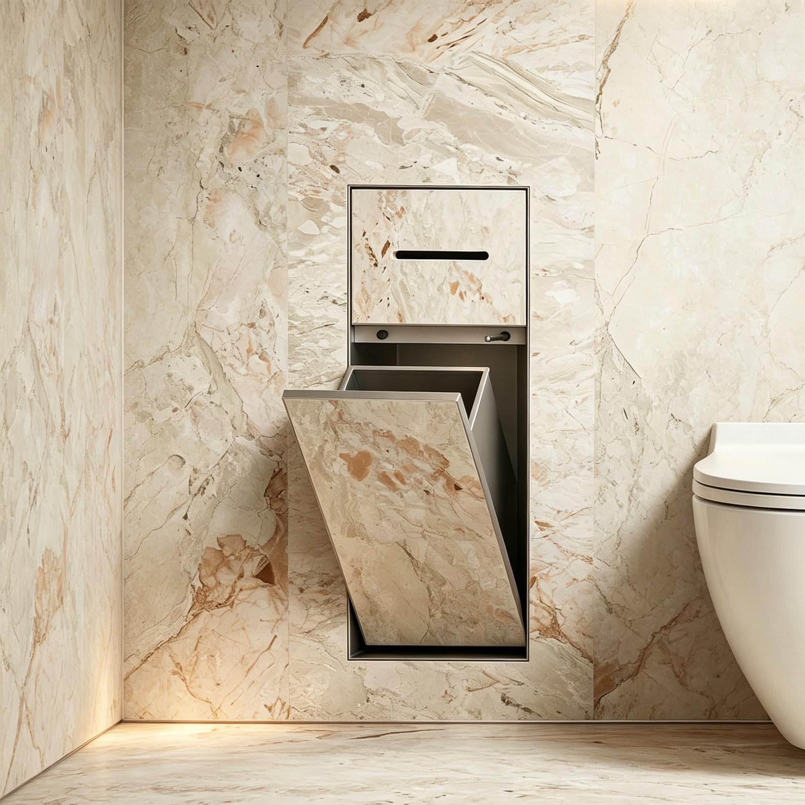 MESCXTY 4-in-1 Tileable Recessed Bathroom Niche, in-Wall Hidden Toilet Paper Holder, Trash Can & Brush Storage, Flush Mount 304 Stainless Steel Organizer