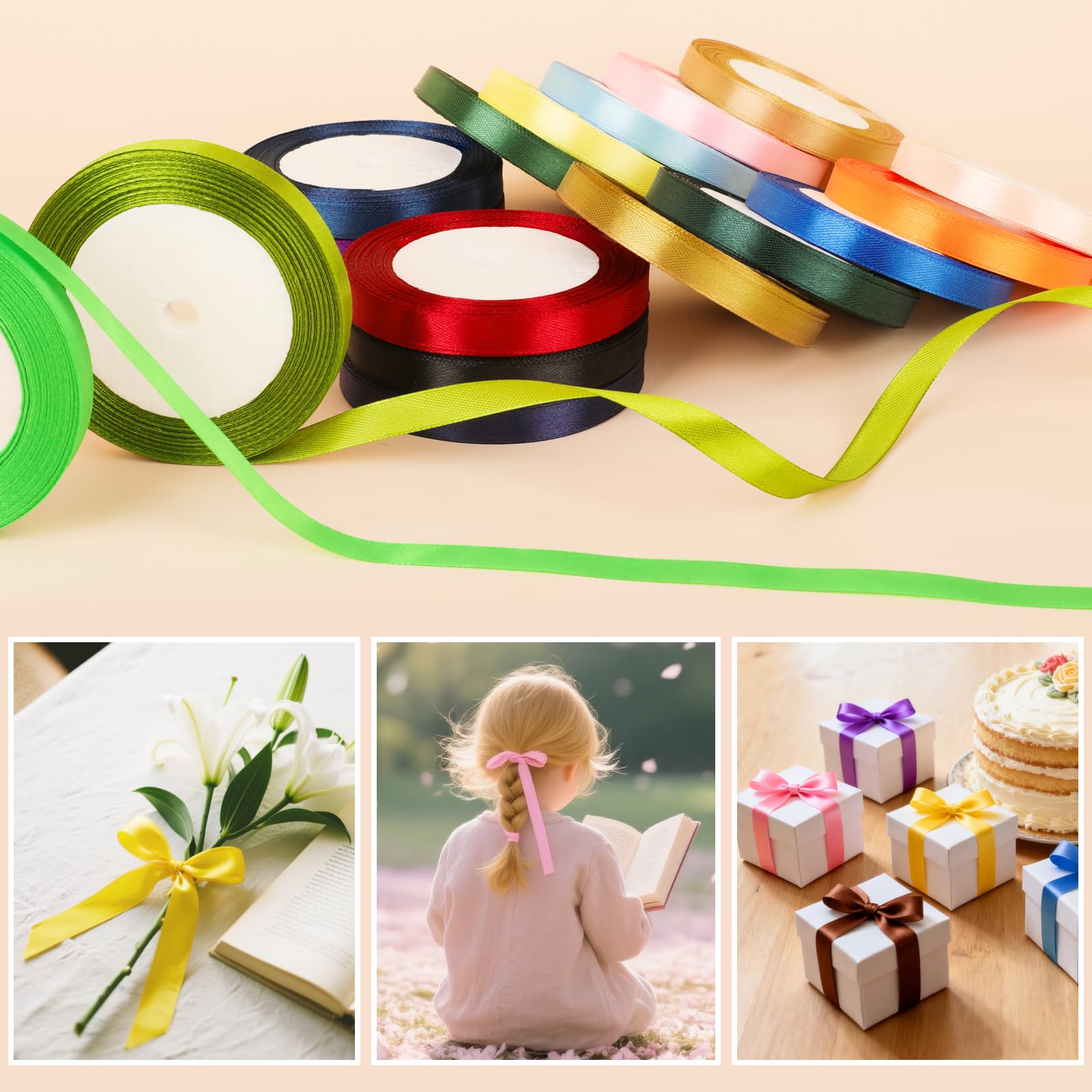 NESCCI 800 Yards Ribbon,3/8 Inch Satin Ribbon,Single Face Satin Ribbons, Perfect for Gift Wrapping,Wedding Decoration,Handmade Bows,Wrapping Bouquet and More